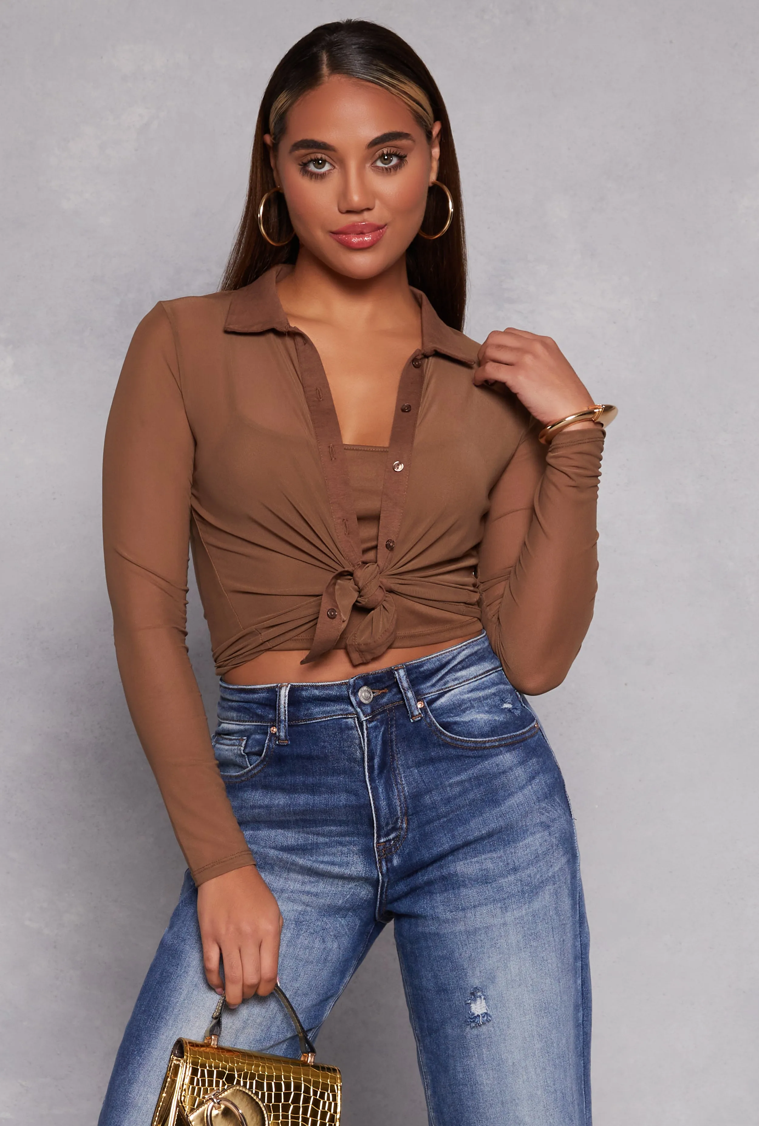 Mesh Button Front Shirt With Cami sold by Rainbow