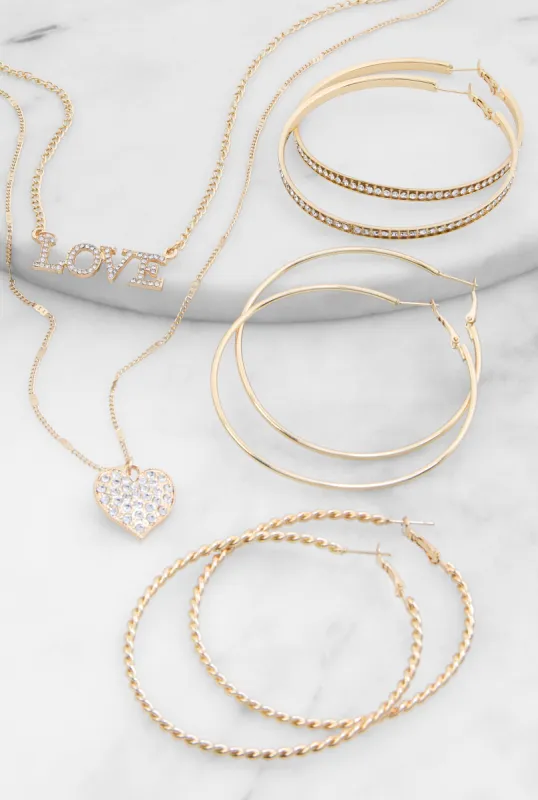 Love Heart Rhinestone Charm Necklace with Hoop Earring Trio sold by Rainbow