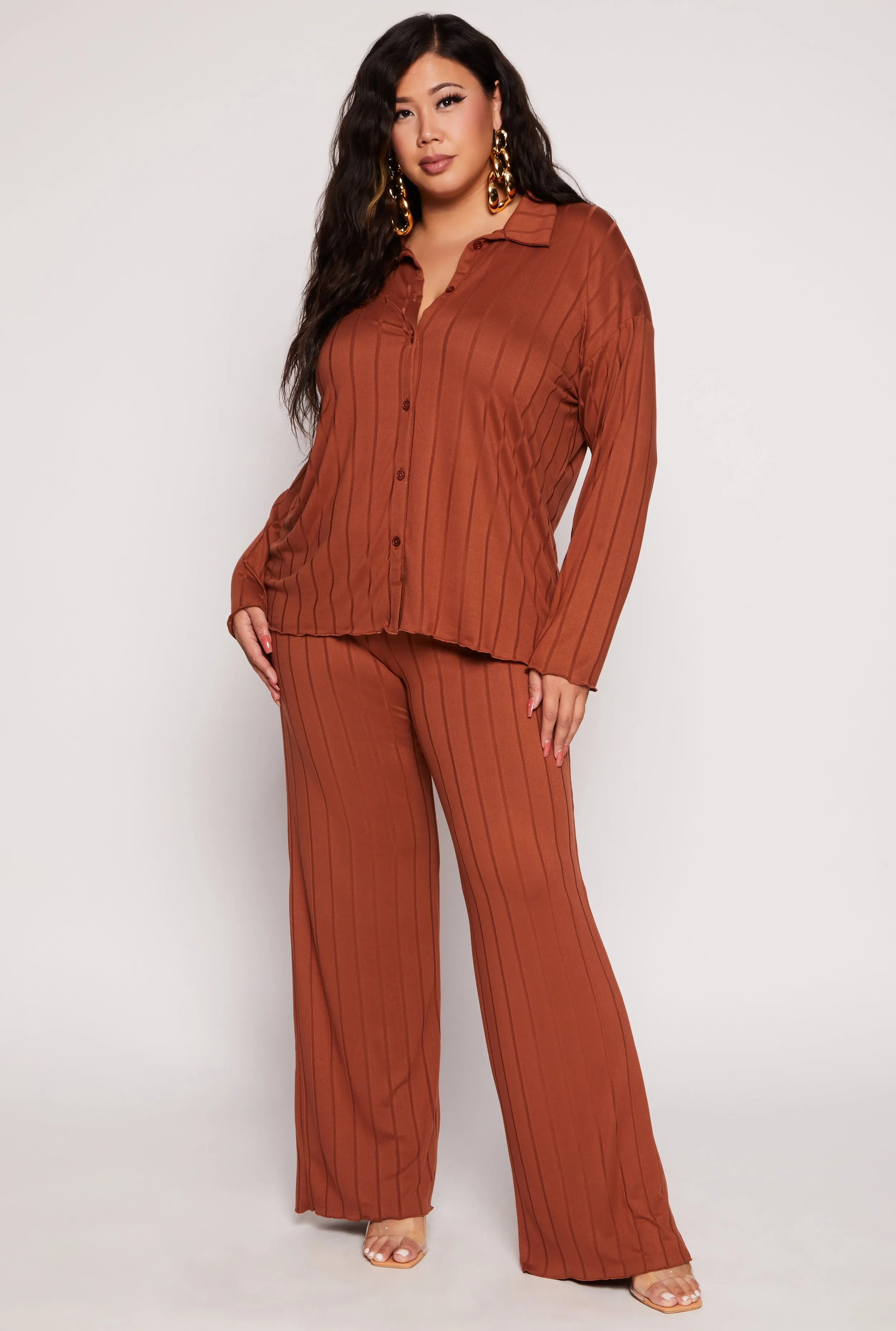 Plus Size Ribbed High Waisted Palazzo Pants sold by Rainbow
