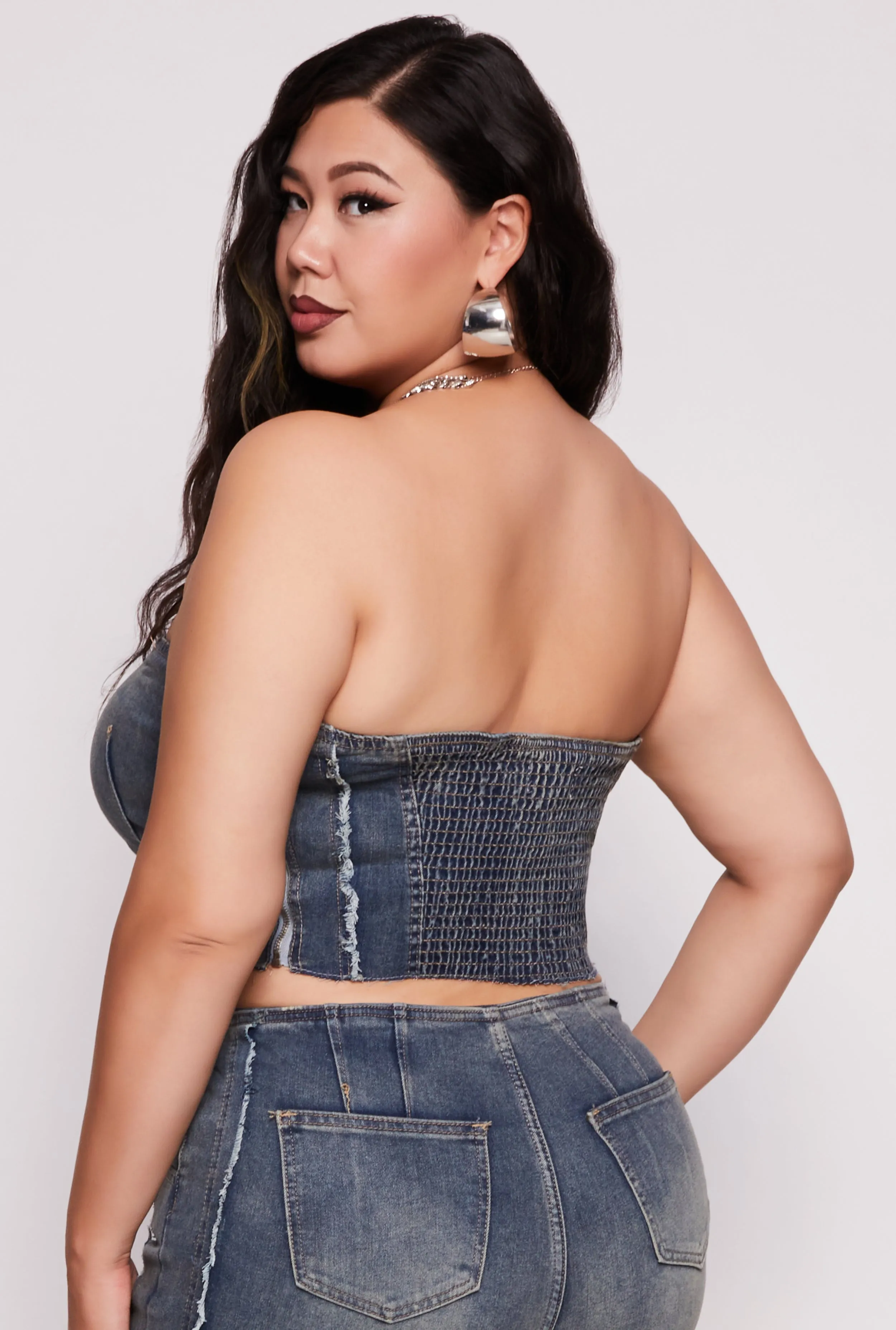 Plus Size Denim Acid Wash Smocked Back Tube Top sold by Rainbow product image thumbnail 3