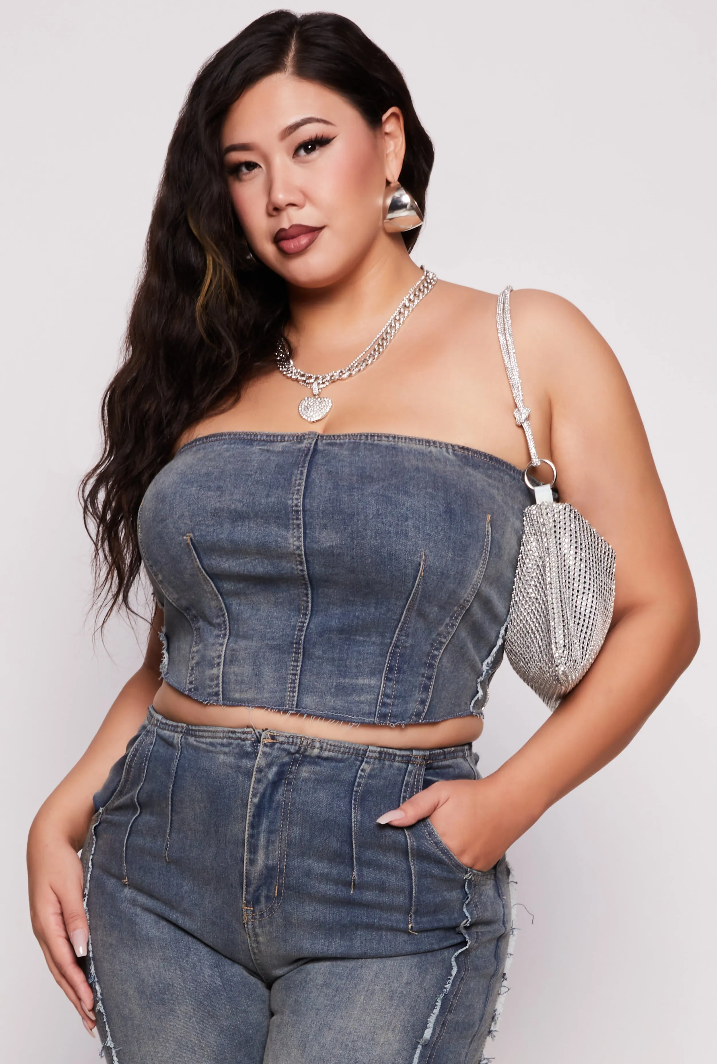 Plus Size Denim Acid Wash Smocked Back Tube Top sold by Rainbow