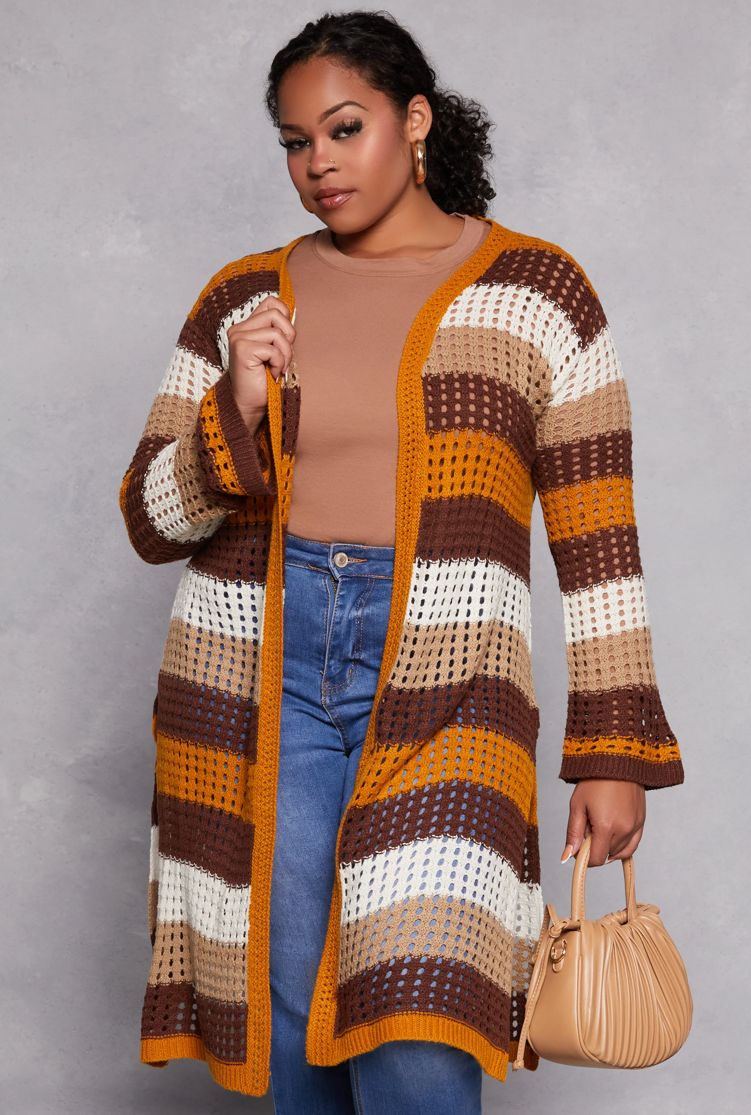 Plus Size Striped Crochet Open Front Duster sold by Rainbow