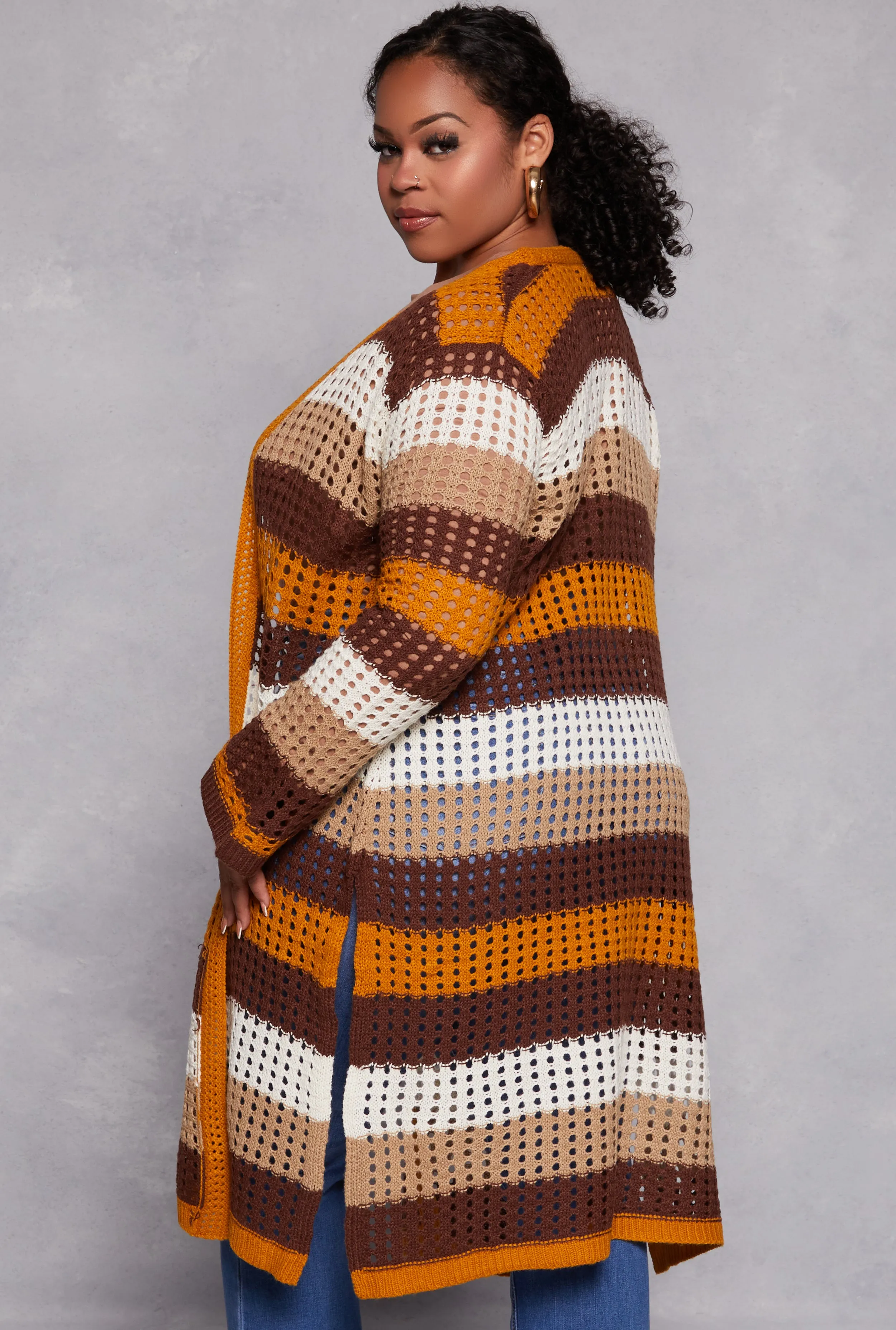 Plus Size Striped Crochet Open Front Duster sold by Rainbow product image thumbnail 3