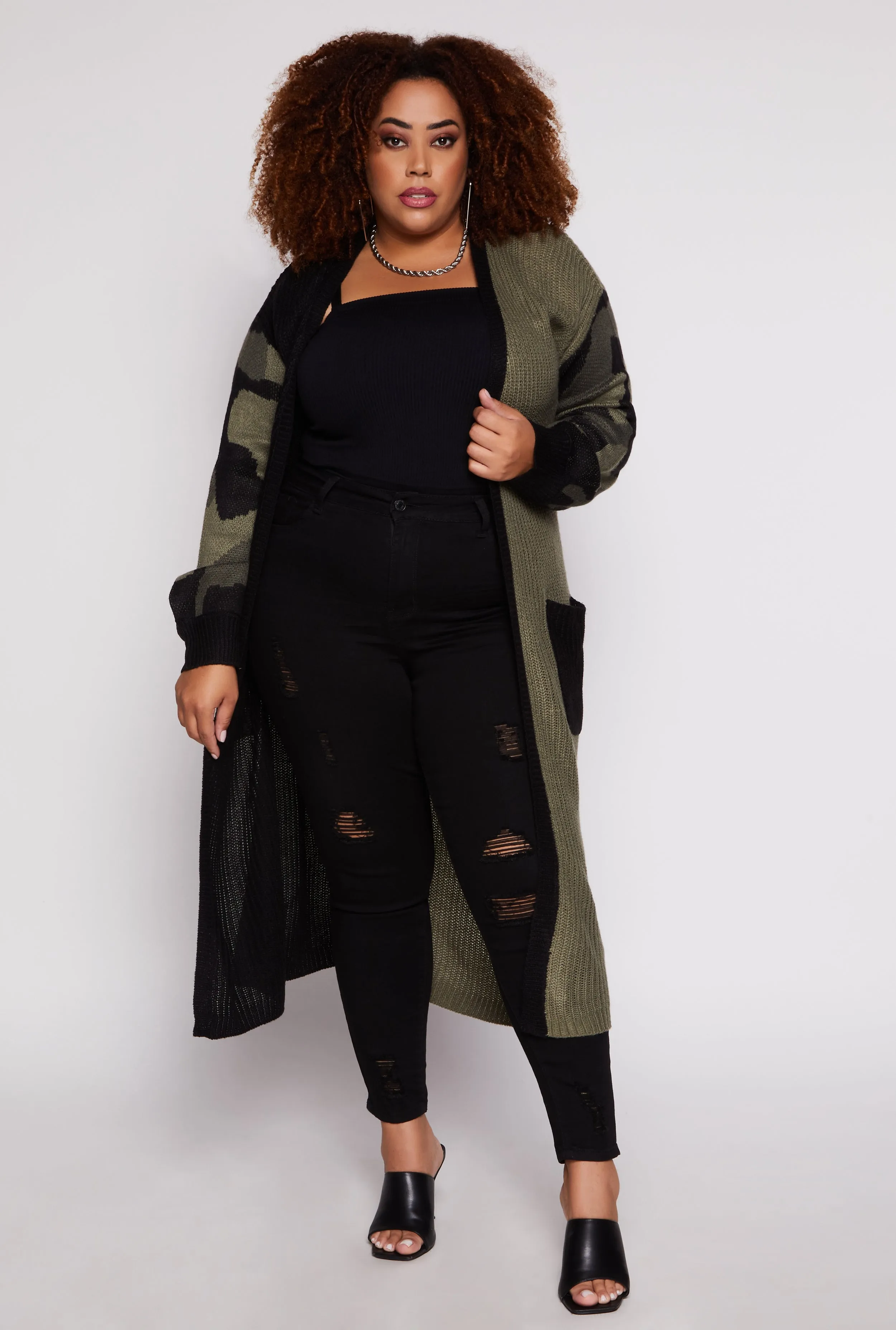 Plus Size Camo Color Block Knit Duster sold by Rainbow
