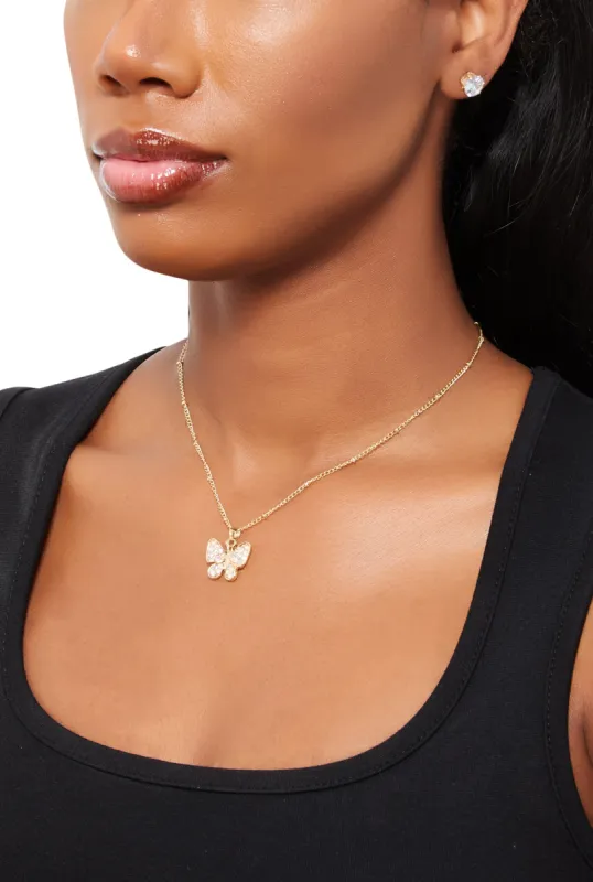 Cubic Zirconia Butterfly Charm Necklace with Stud Earrings sold by Rainbow