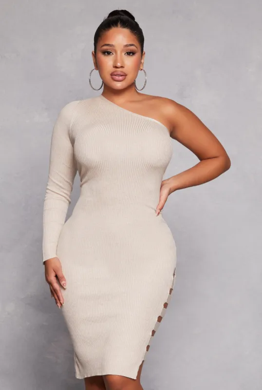 Ribbed One Shoulder Caged Side Detail Midi Dress sold by Rainbow