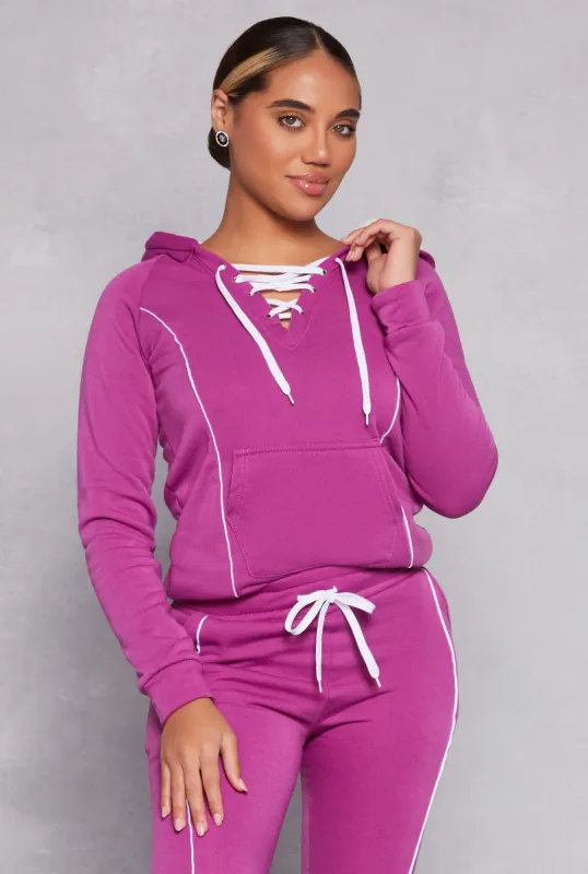 Fleece Contrast Piping Lace Up Pullover Hoodie sold by Rainbow
