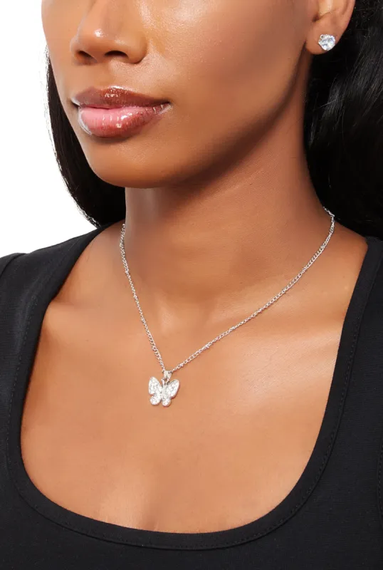 Cubic Zirconia Butterfly Charm Necklace with Stud Earrings sold by Rainbow