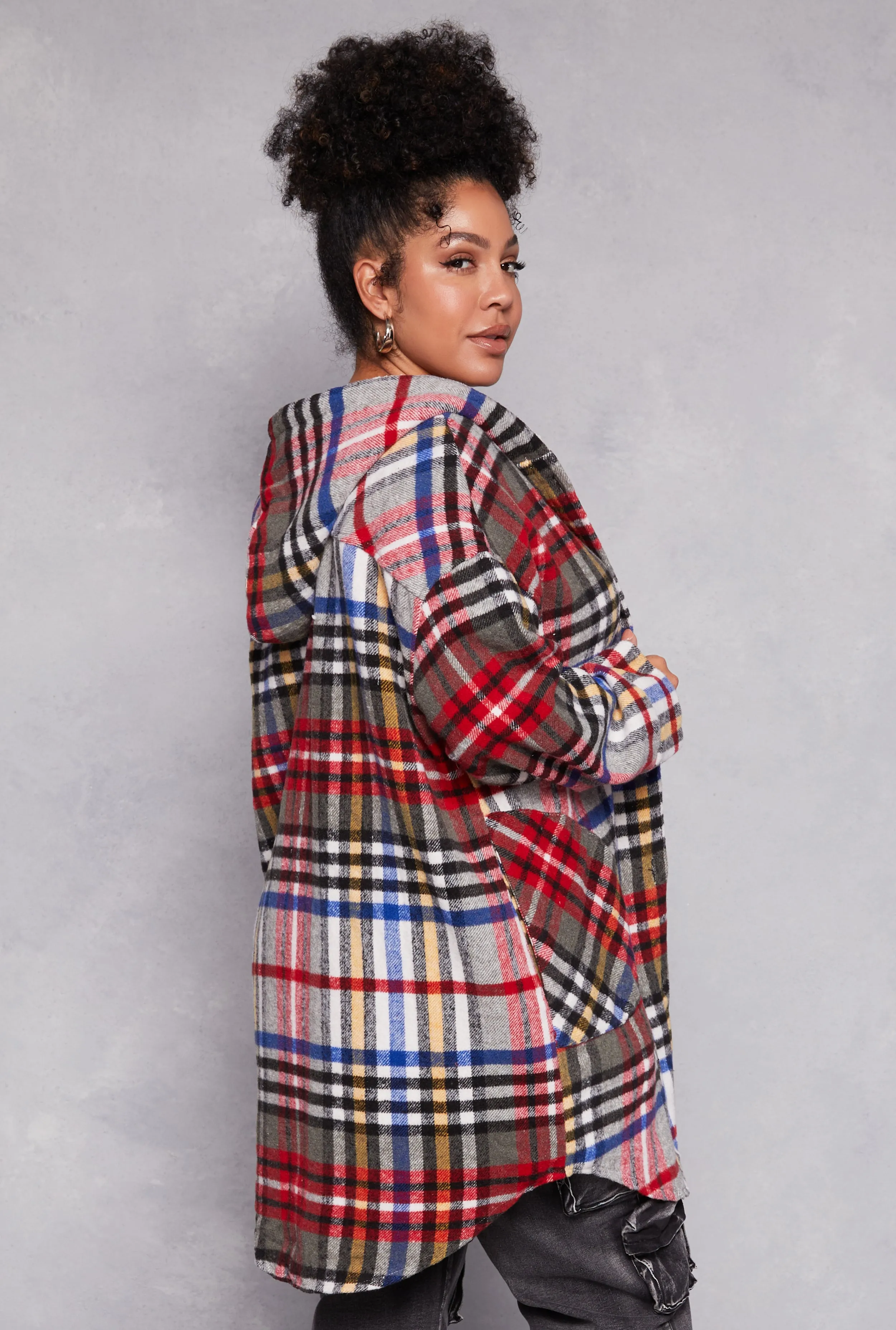 Plus Size Spoon Jeans Plaid Hooded Long Shacket sold by Rainbow product image thumbnail 3