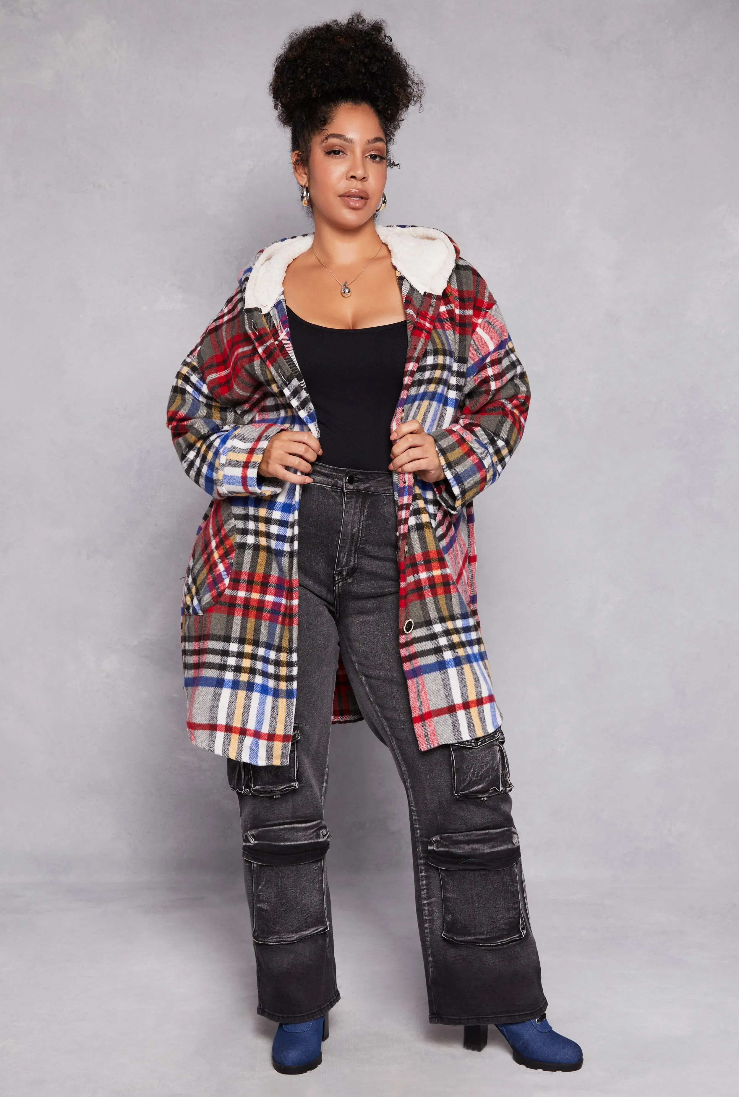 Plus Size Spoon Jeans Plaid Hooded Long Shacket sold by Rainbow product image thumbnail 2