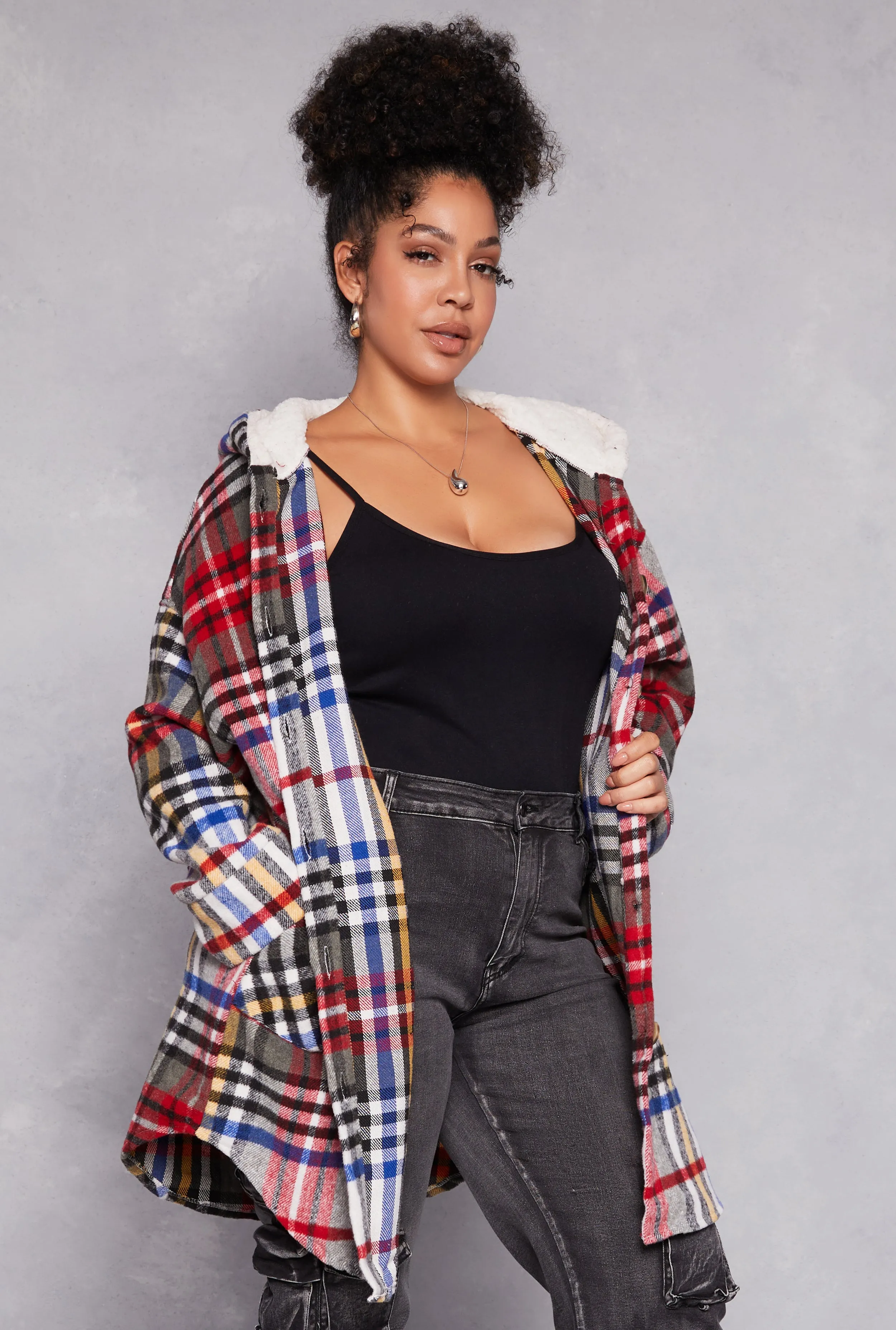 Plus Size Spoon Jeans Plaid Hooded Long Shacket sold by Rainbow