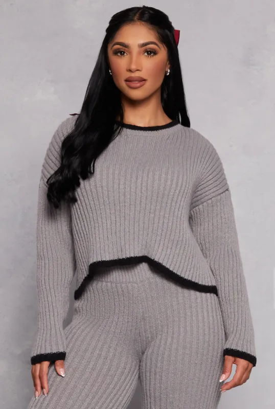 Ribbed Contrast Trim Long Sleeve Sweater sold by Rainbow