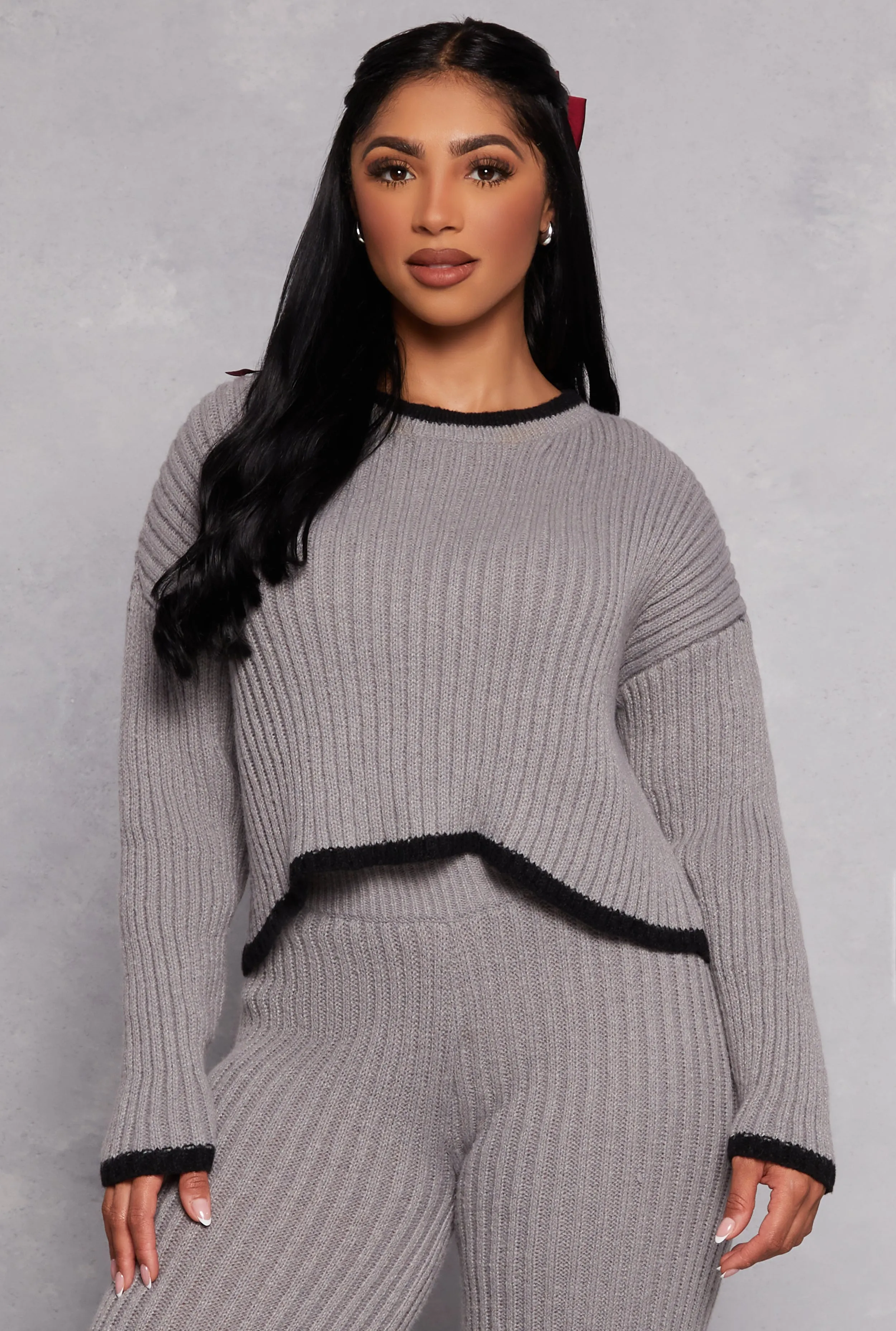 Ribbed Contrast Trim Long Sleeve Sweater sold by Rainbow