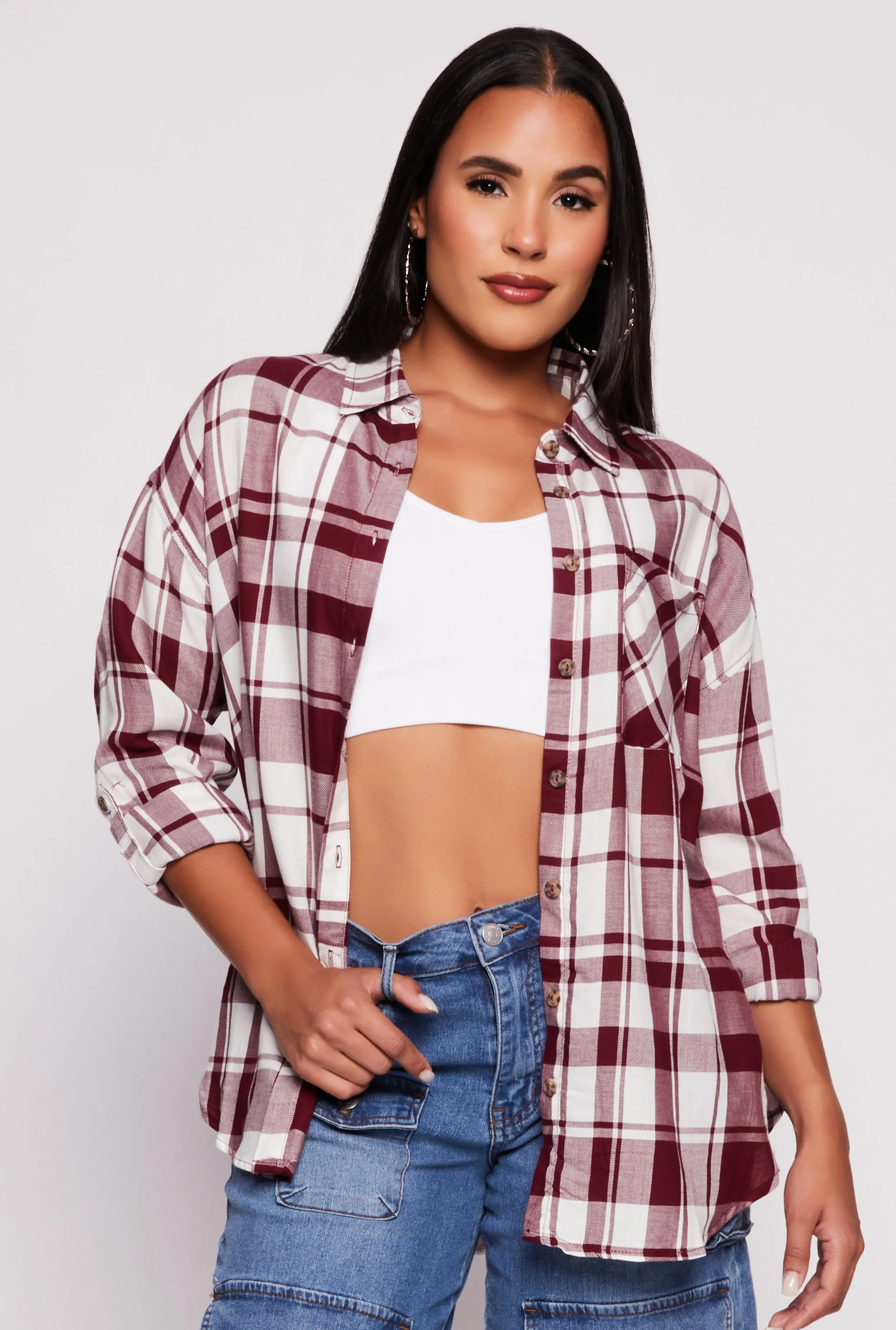 Plaid Button Front Long Sleeve Shirt sold by Rainbow