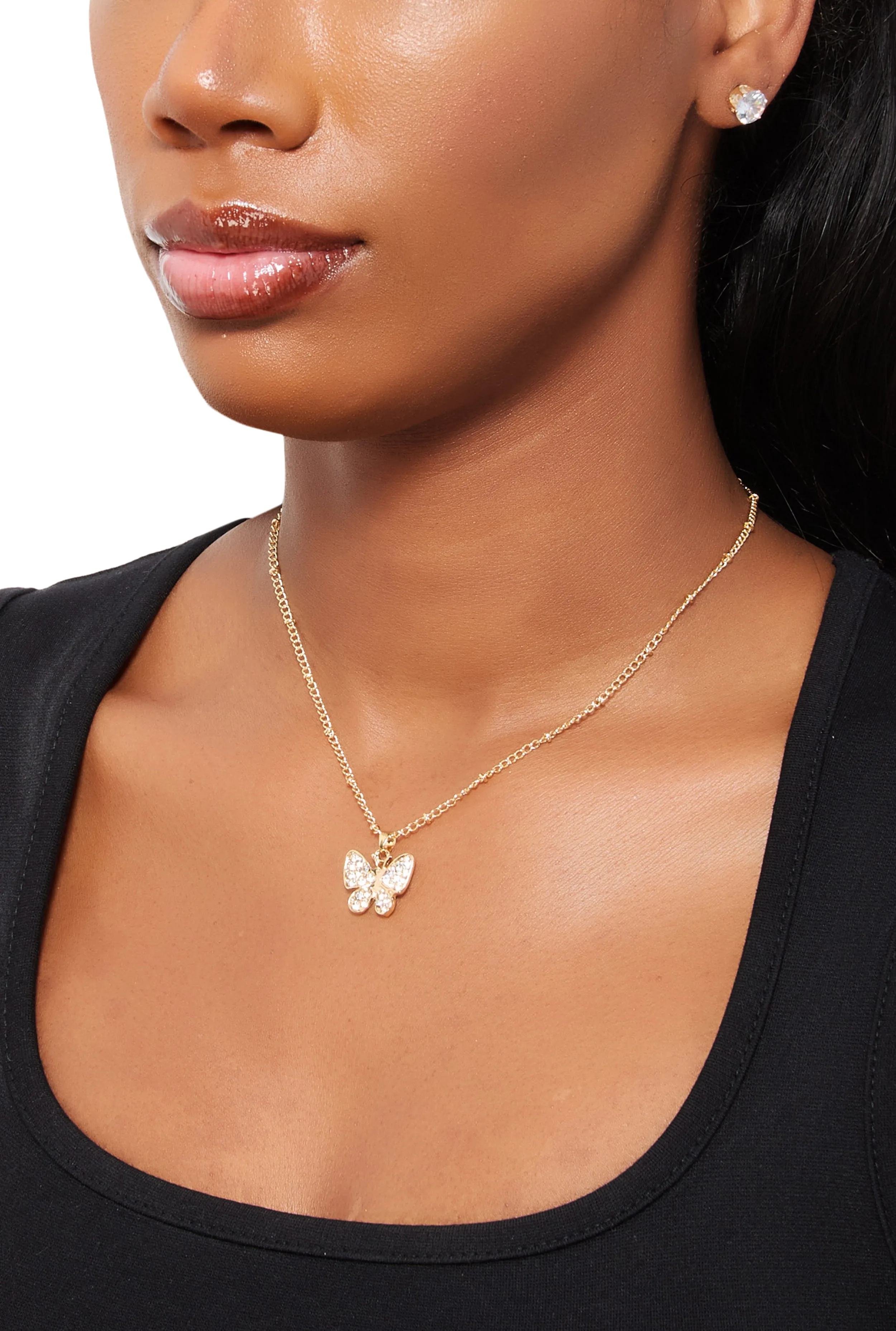 Cubic Zirconia Butterfly Charm Necklace with Stud Earrings sold by Rainbow