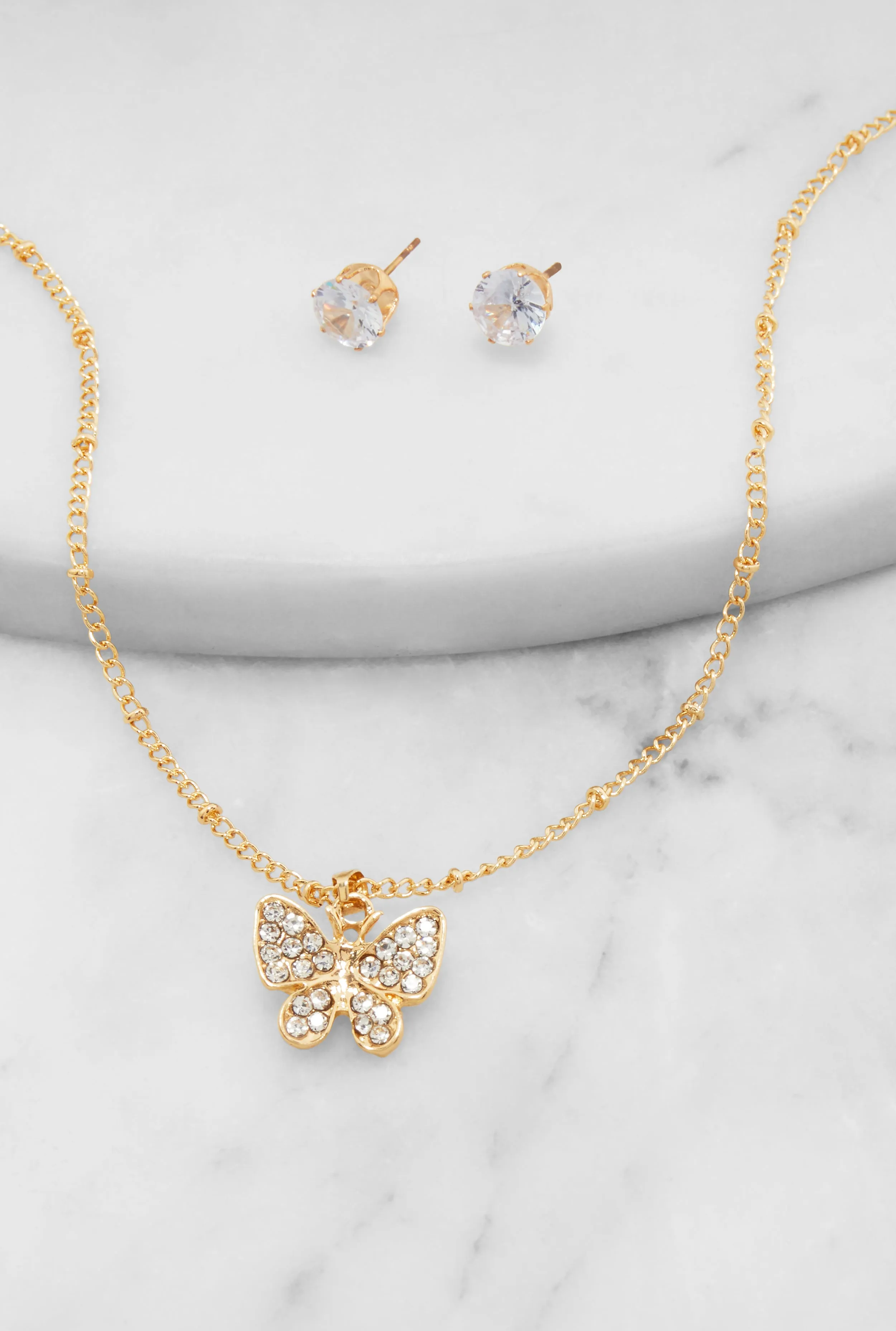 Cubic Zirconia Butterfly Charm Necklace with Stud Earrings sold by Rainbow product image thumbnail 2