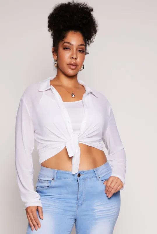 Plus Size Mesh Button Front Shirt With Cami sold by Rainbow