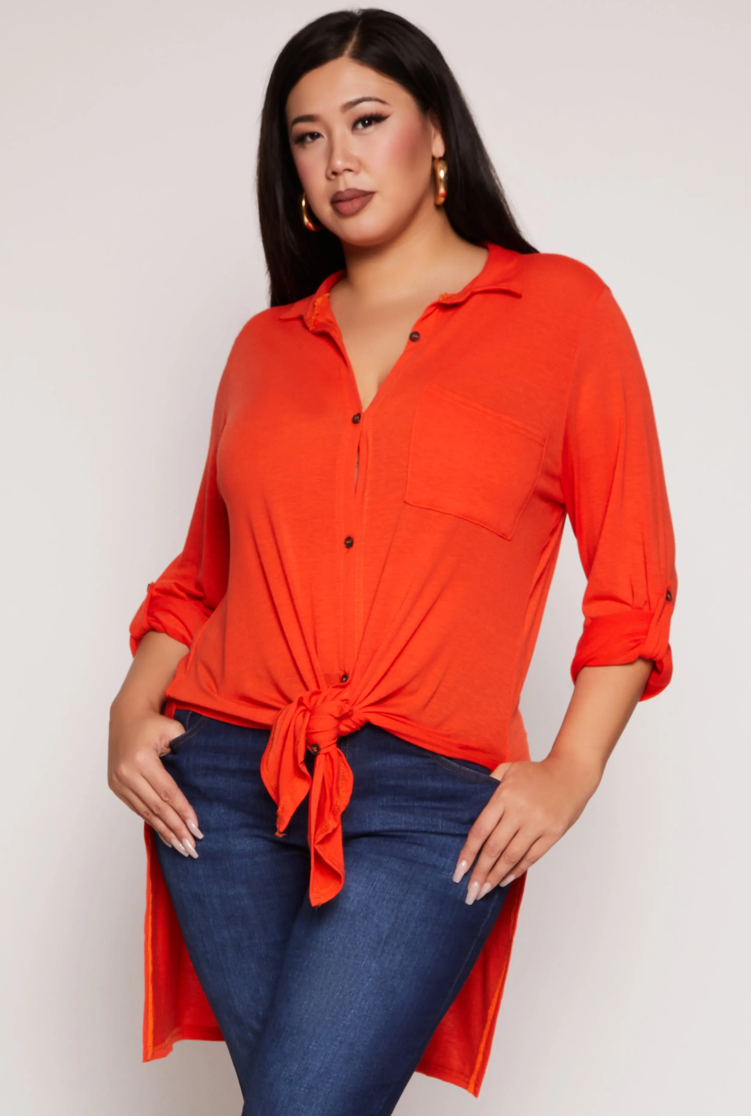 Plus Size Tabbed Sleeve Button Front Tunic Shirt sold by Rainbow