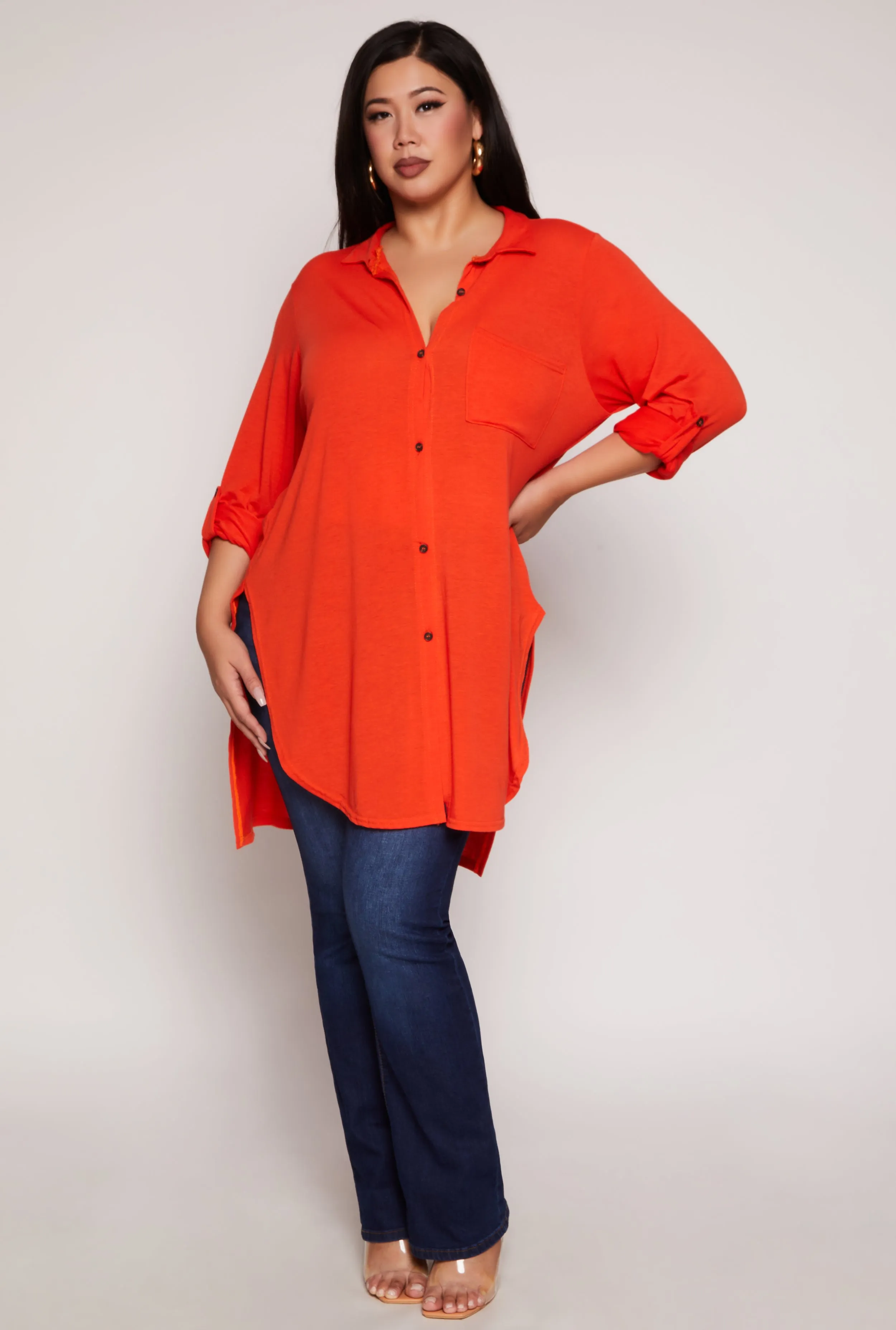Plus Size Tabbed Sleeve Button Front Tunic Shirt sold by Rainbow product image thumbnail 2