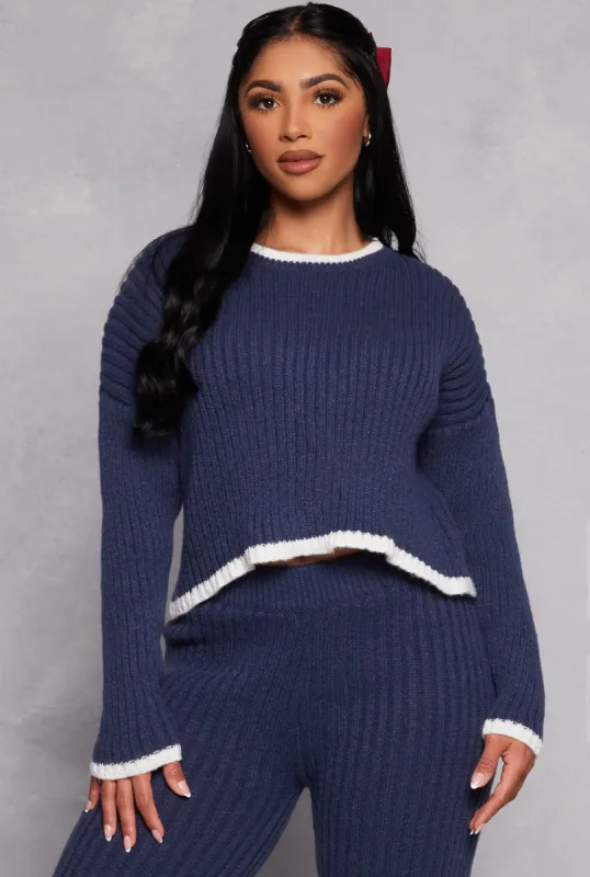 Ribbed Contrast Trim Long Sleeve Sweater sold by Rainbow