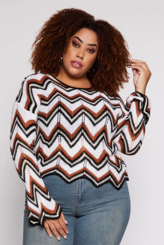 Plus Size Chevron Crochet Crew Neck Sweater sold by Rainbow