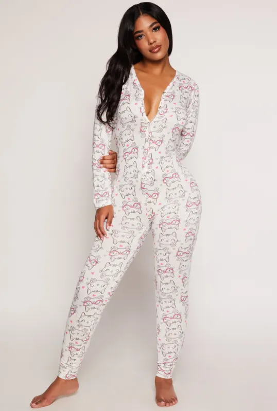 Cat Graphic Long Sleeve Pajama Onesie sold by Rainbow