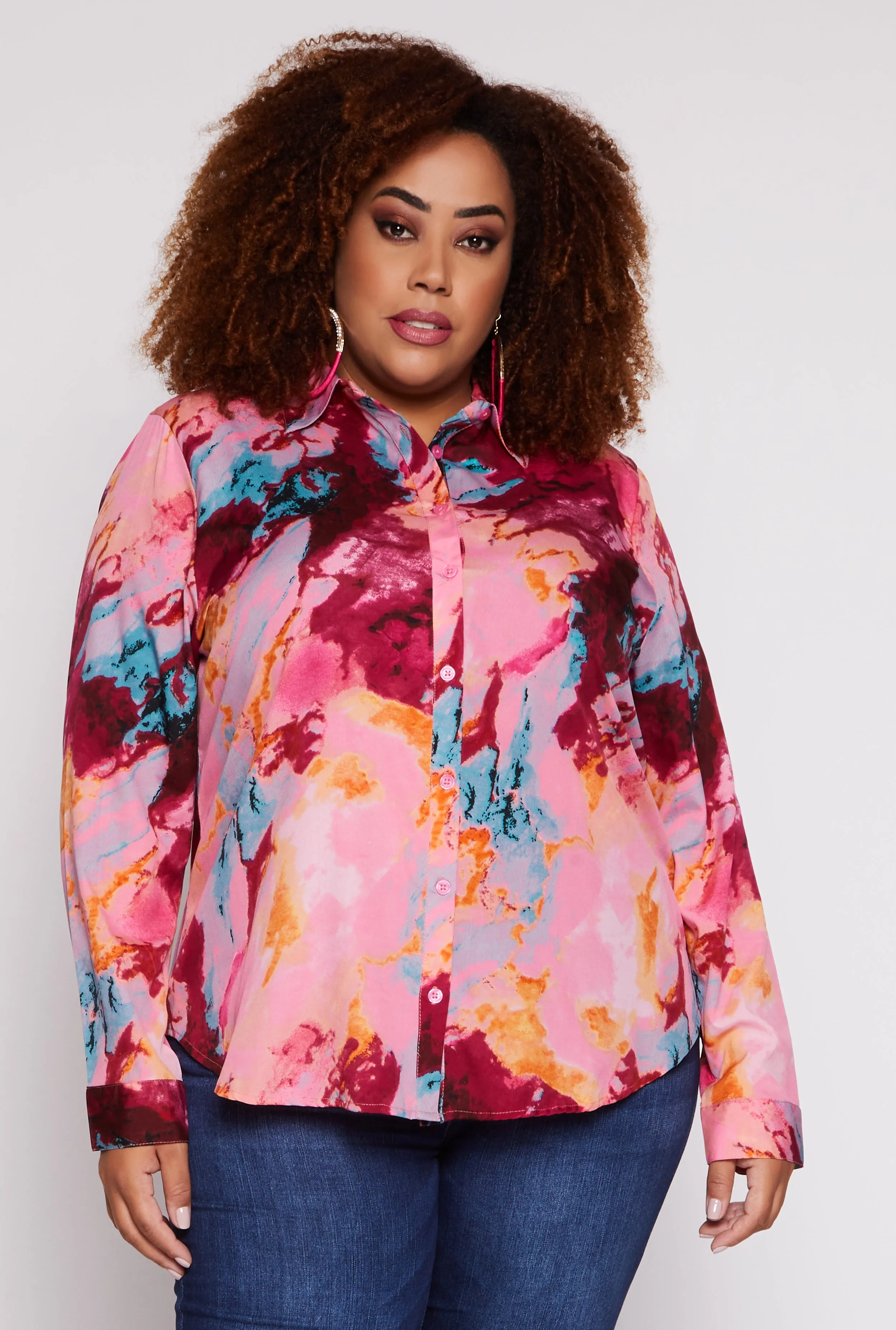 Plus Size Marble Print Button Front Shirt sold by Rainbow