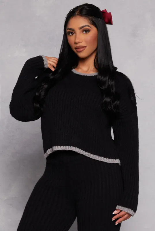 Ribbed Contrast Trim Long Sleeve Sweater sold by Rainbow