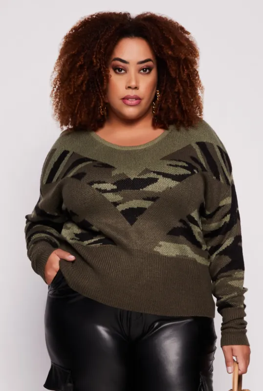 Plus Size Caged V Back Camo Sweater sold by Rainbow