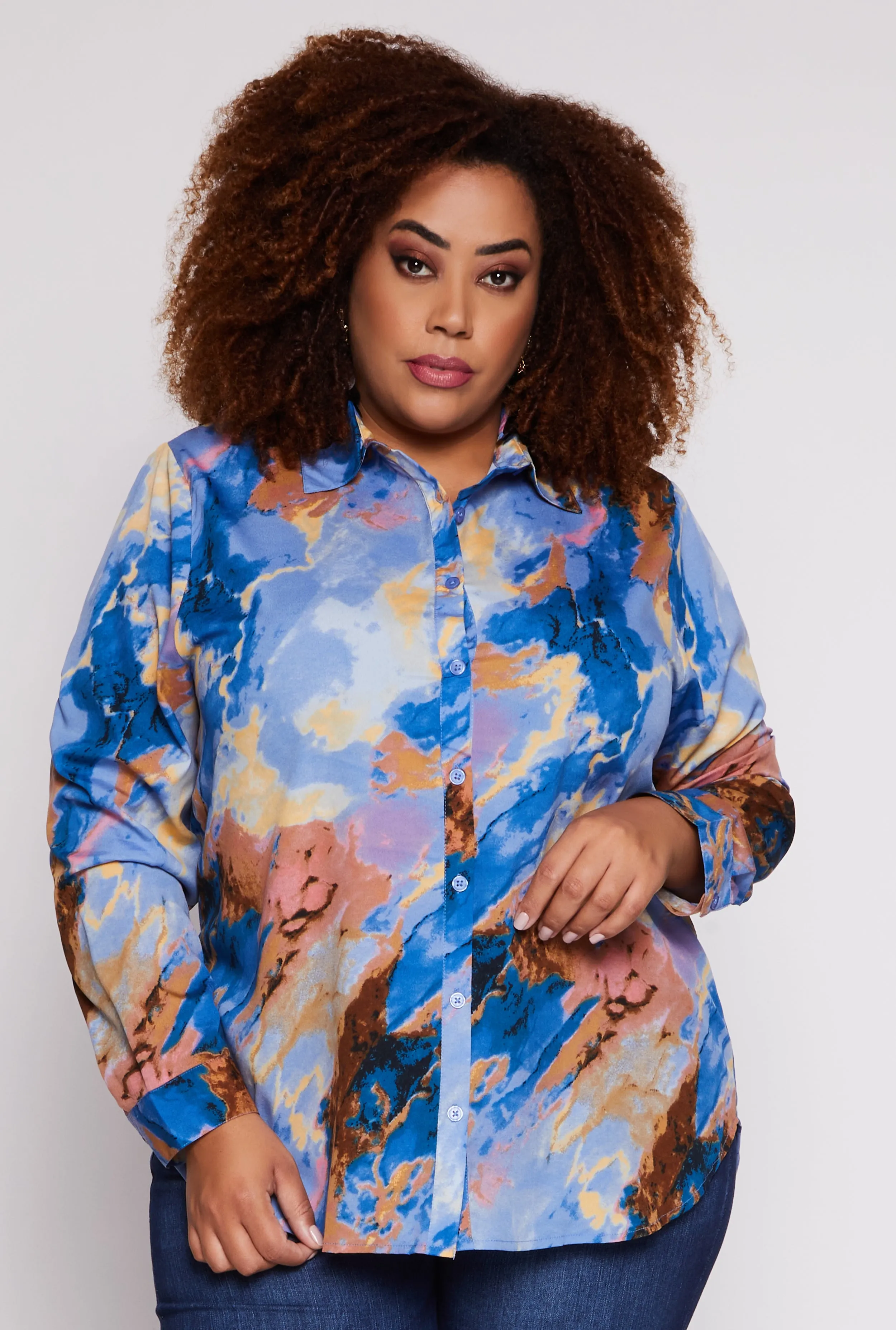 Plus Size Marble Print Button Front Shirt sold by Rainbow
