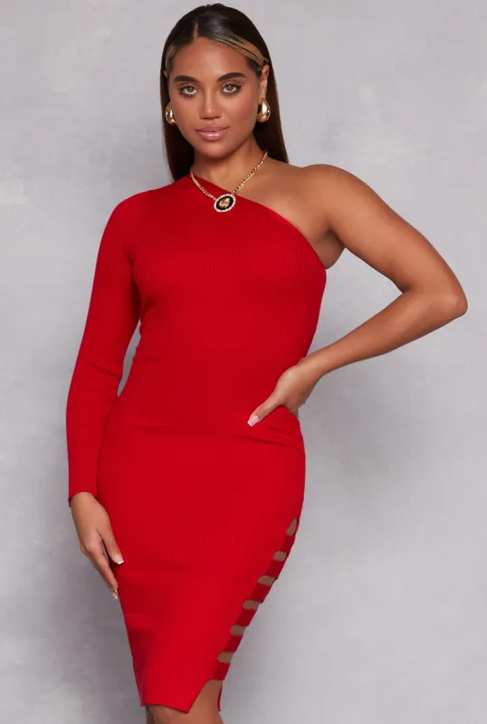 Ribbed One Shoulder Caged Side Detail Midi Dress sold by Rainbow