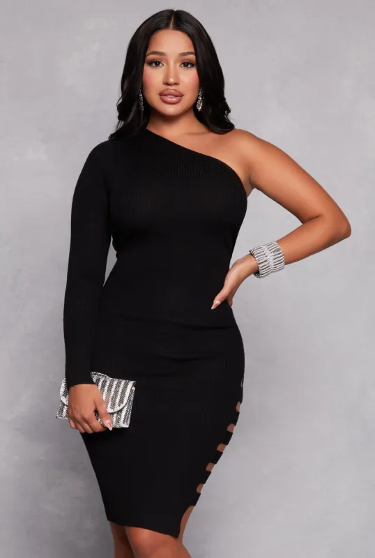 Ribbed One Shoulder Caged Side Detail Midi Dress sold by Rainbow