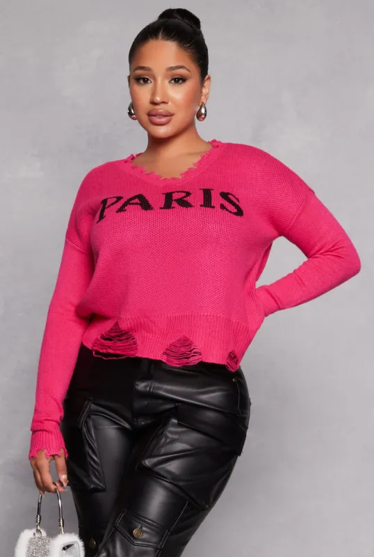 Paris Graphic Distressed Pullover Sweater sold by Rainbow