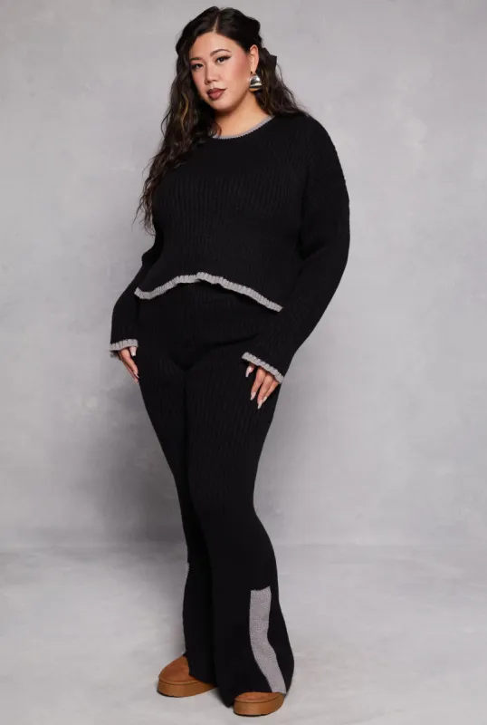 Plus Size Knit Contrast Stripe High Waist Flare Pants sold by Rainbow