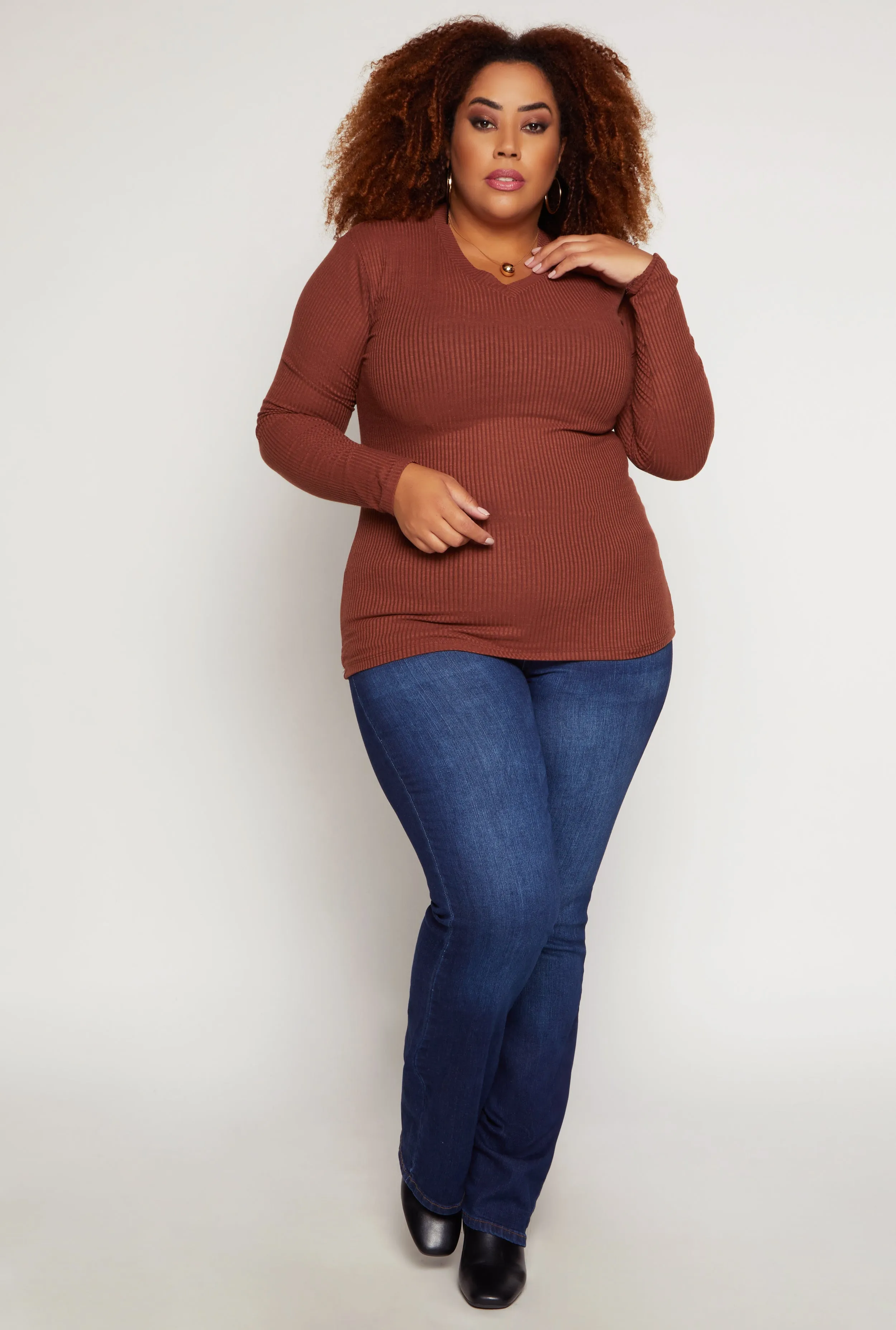 Plus Size Rib Knit V Neck Long Sleeve Top sold by Rainbow product image thumbnail 2