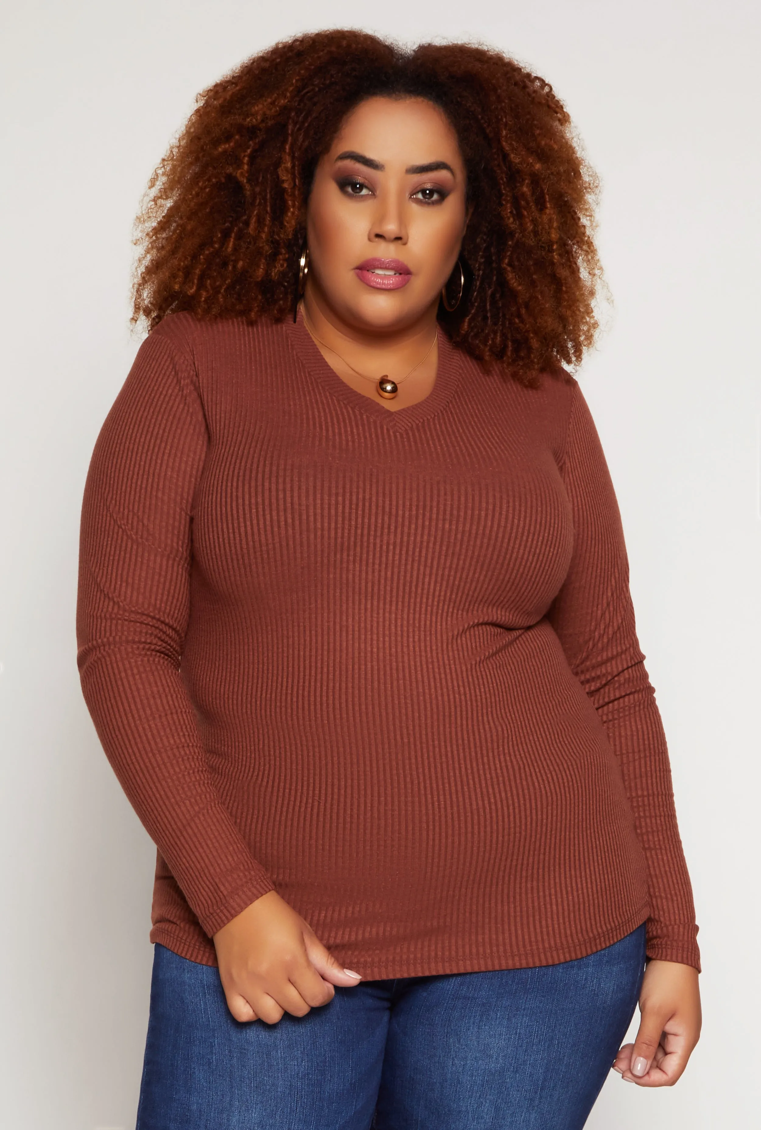 Plus Size Rib Knit V Neck Long Sleeve Top sold by Rainbow