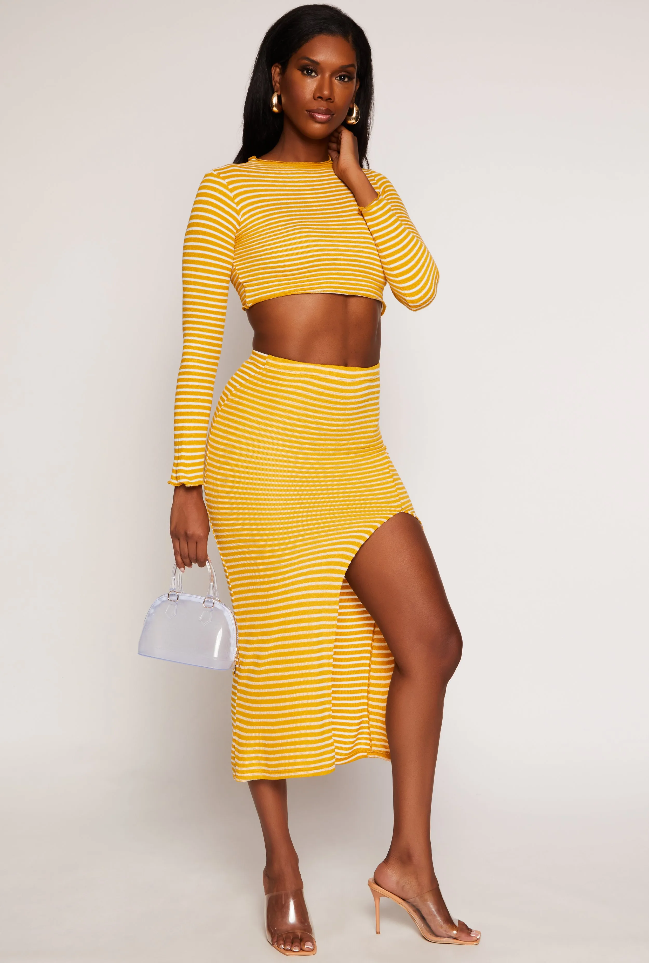 Ribbed Knit Striped Side Slit Midi Skirt sold by Rainbow product image thumbnail 2