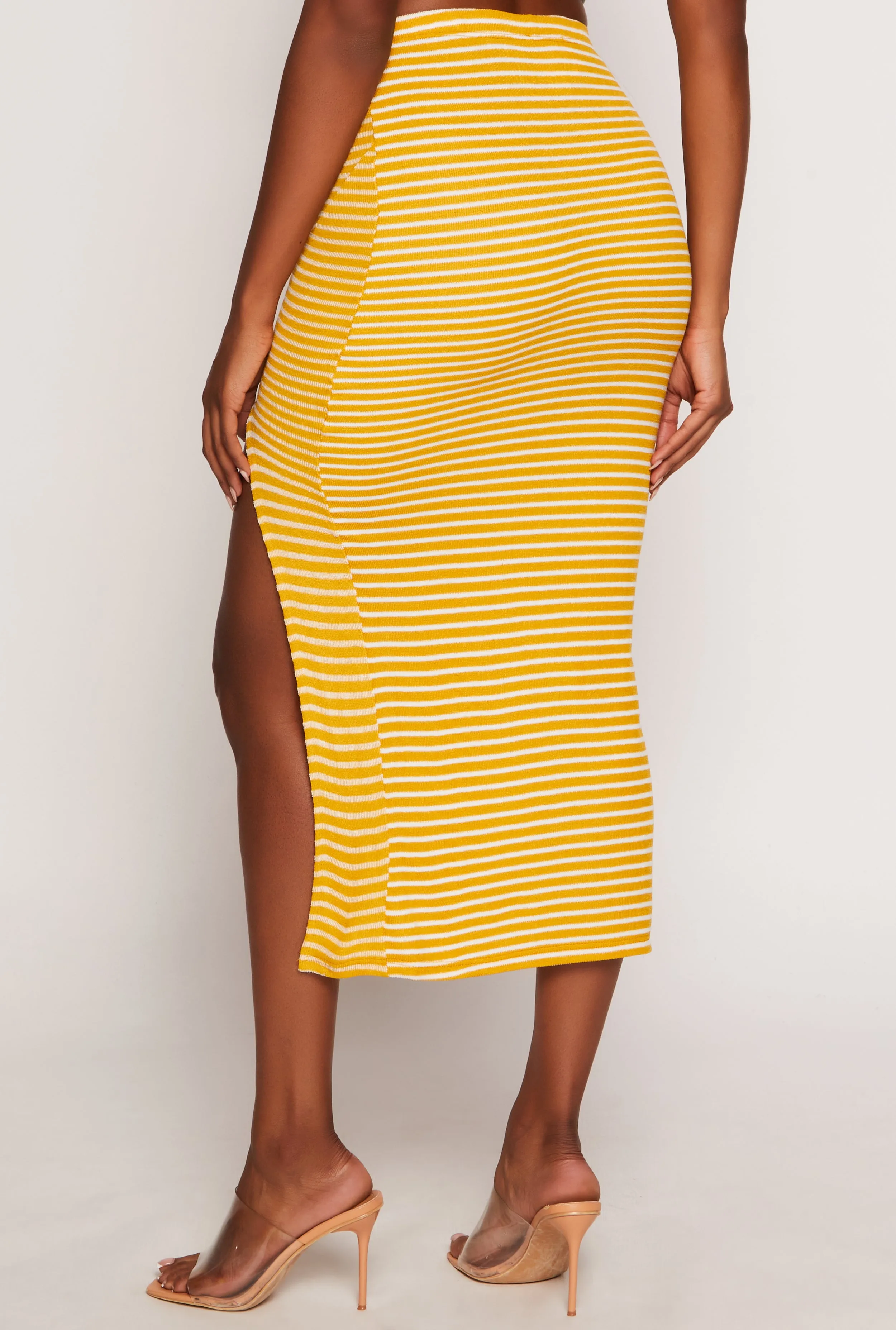 Ribbed Knit Striped Side Slit Midi Skirt sold by Rainbow