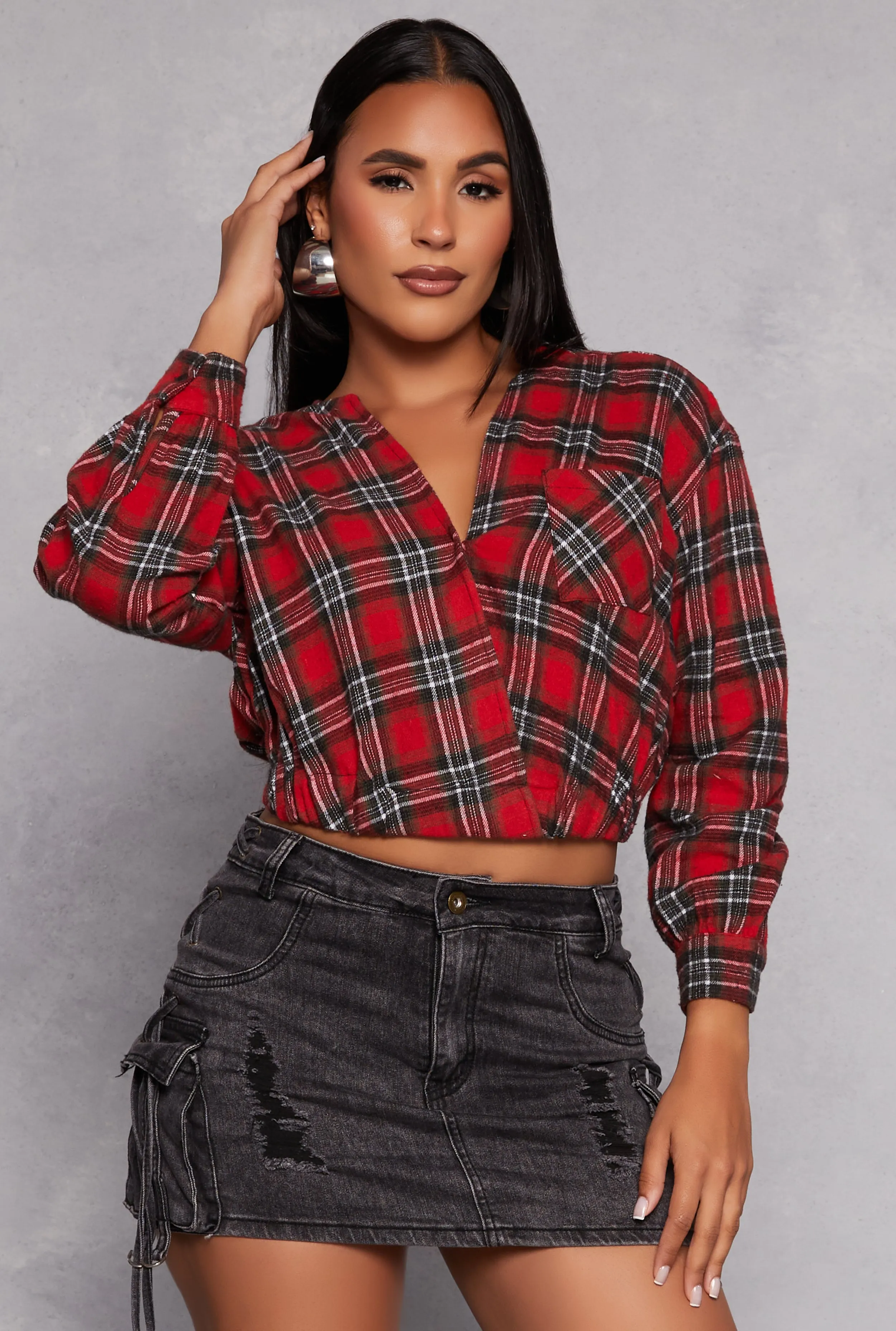 Spoon Jeans Plaid Faux Wrap Crop Top sold by Rainbow
