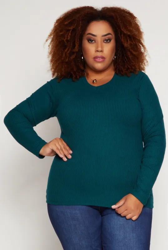 Plus Size Rib Knit V Neck Long Sleeve Top sold by Rainbow