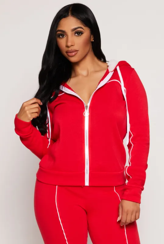 Contrast Piping Zip Sherpa Hooded Sweatshirt sold by Rainbow