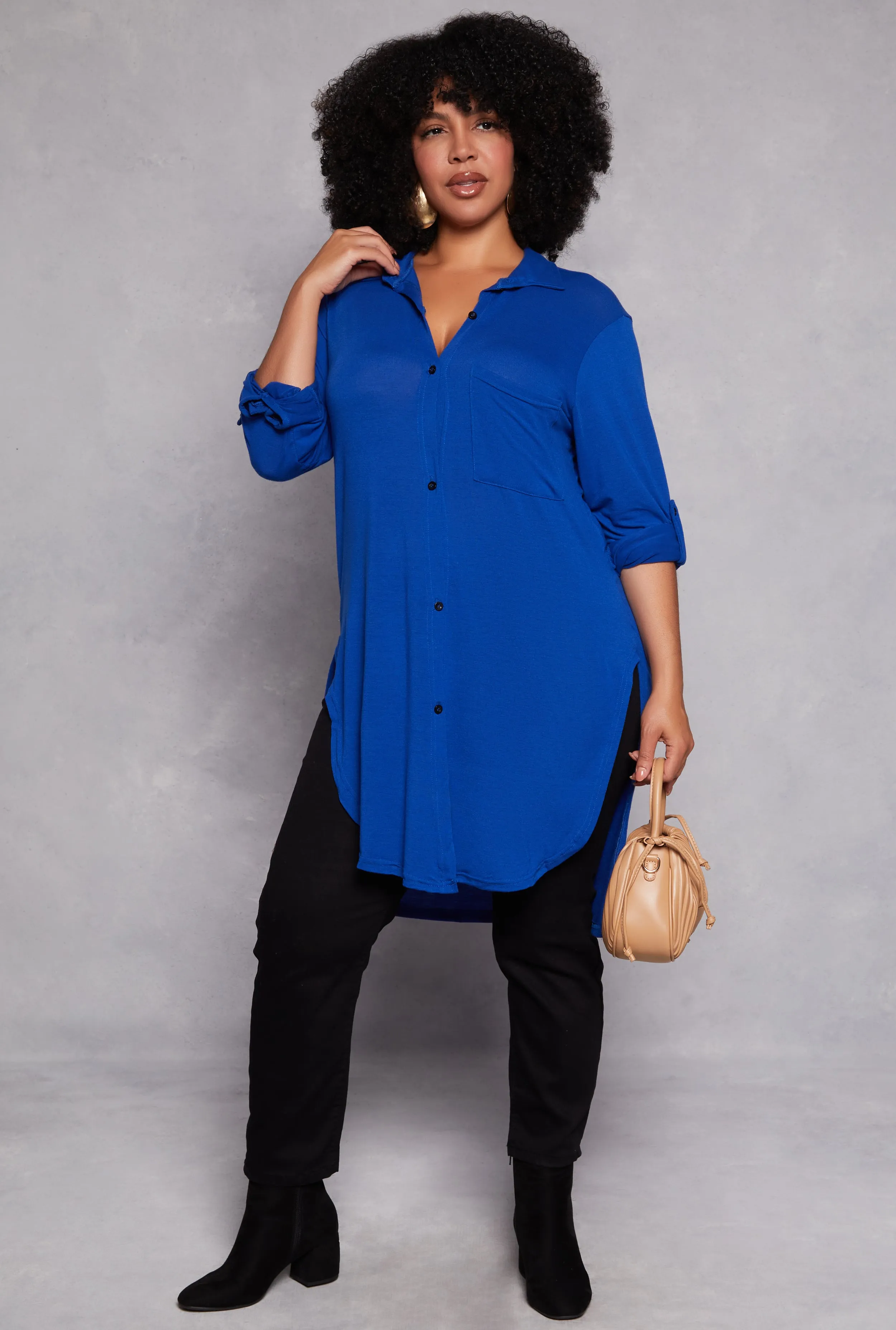 Plus Size Tabbed Sleeve Button Front Tunic Shirt sold by Rainbow product image thumbnail 2