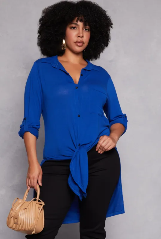 Plus Size Tabbed Sleeve Button Front Tunic Shirt sold by Rainbow