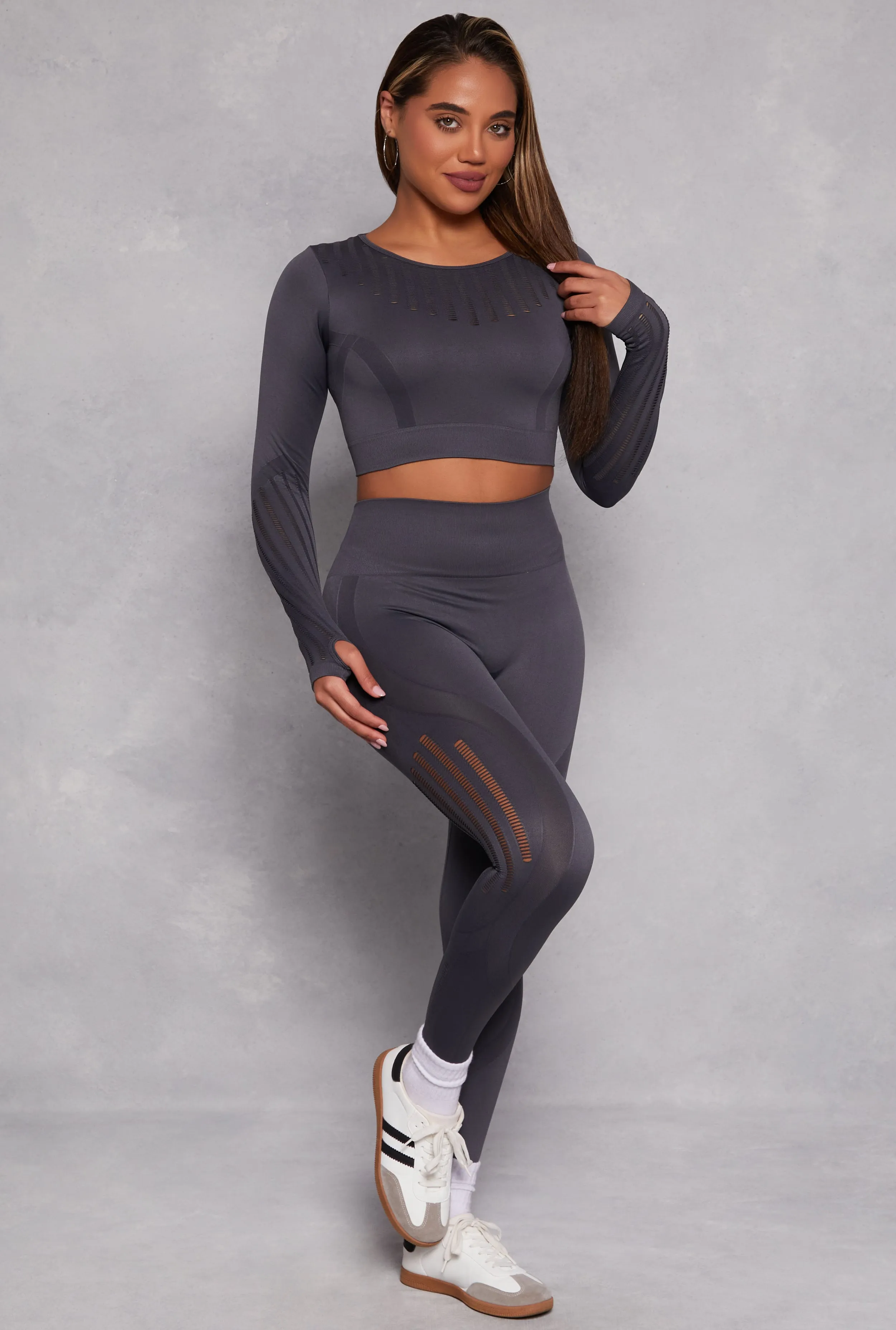 Seamless Laser Cut Long Sleeve Crop Top sold by Rainbow product image thumbnail 2