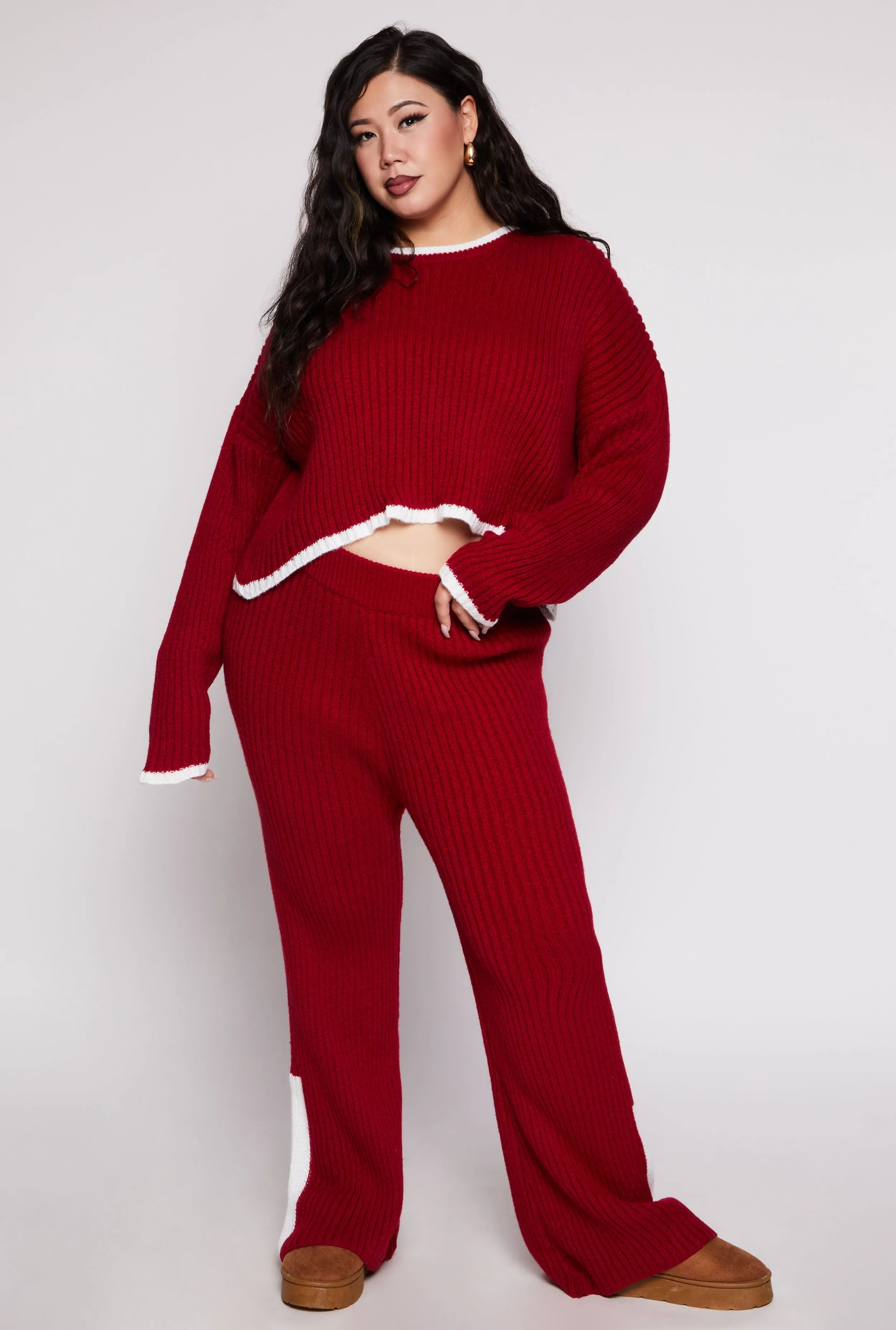 Plus Size Knit Contrast Stripe High Waist Flare Pants sold by Rainbow