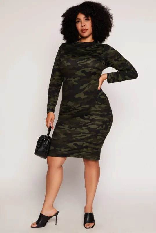 Plus Size Camo Long Sleeve Midi Dress sold by Rainbow