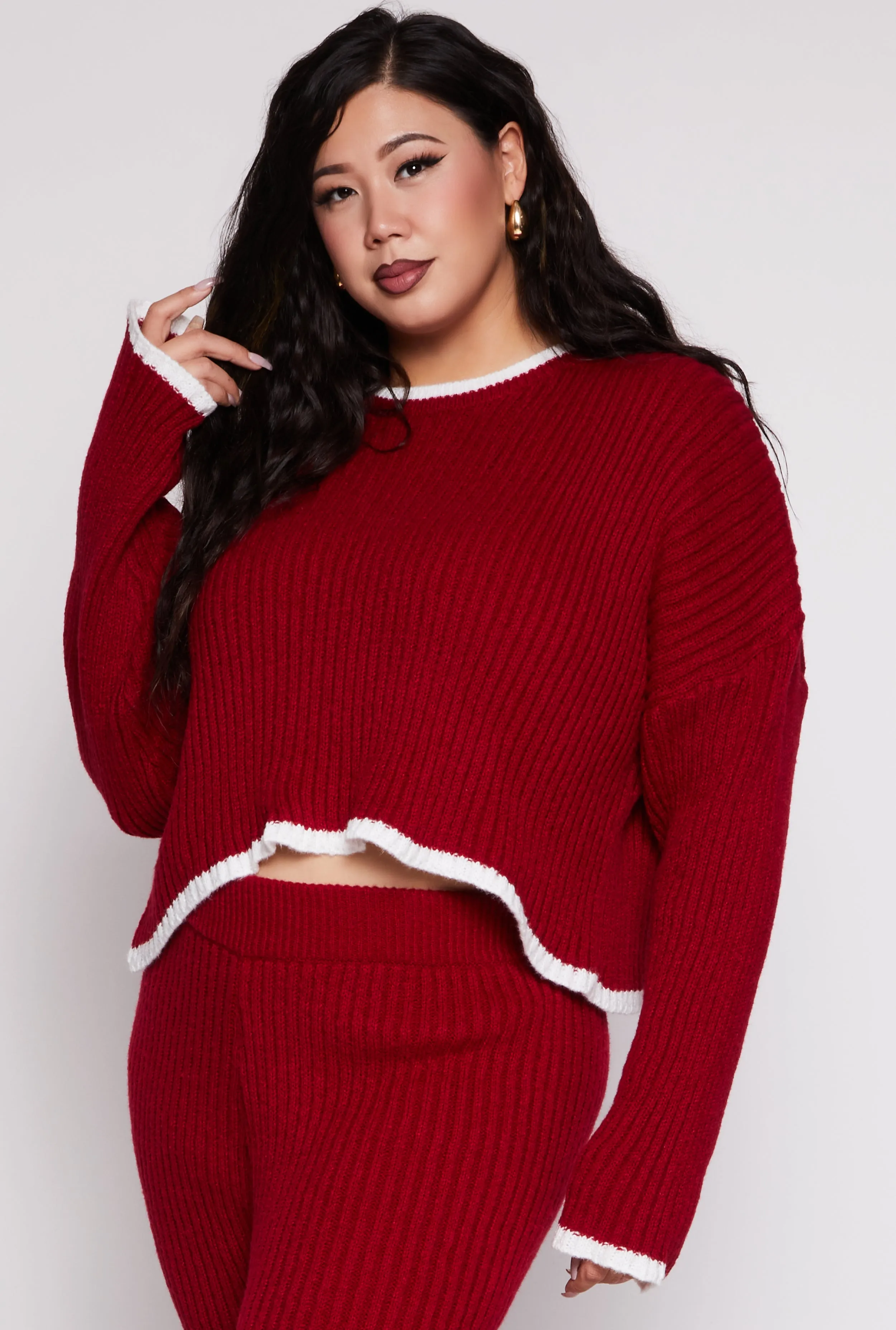 Plus Size Contrast Trim Knit Sweater sold by Rainbow