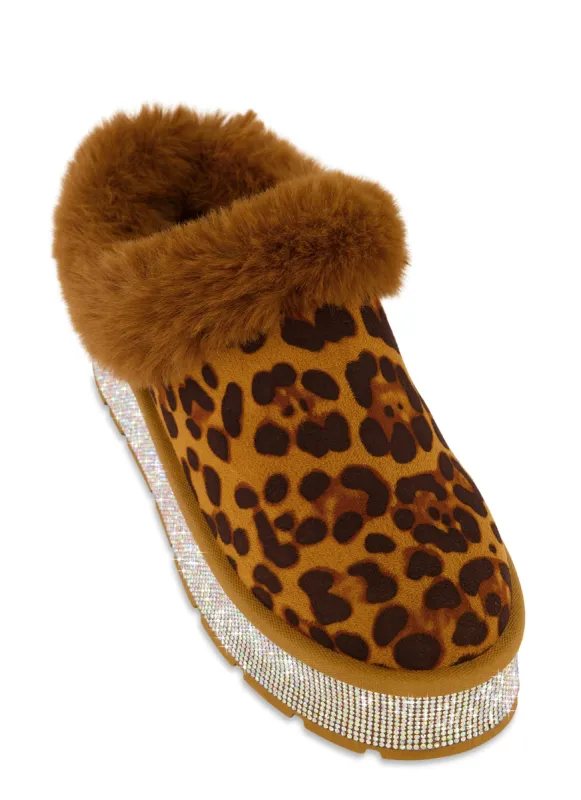 Faux Fur Lined Rhinestone Platform Clogs sold by Rainbow