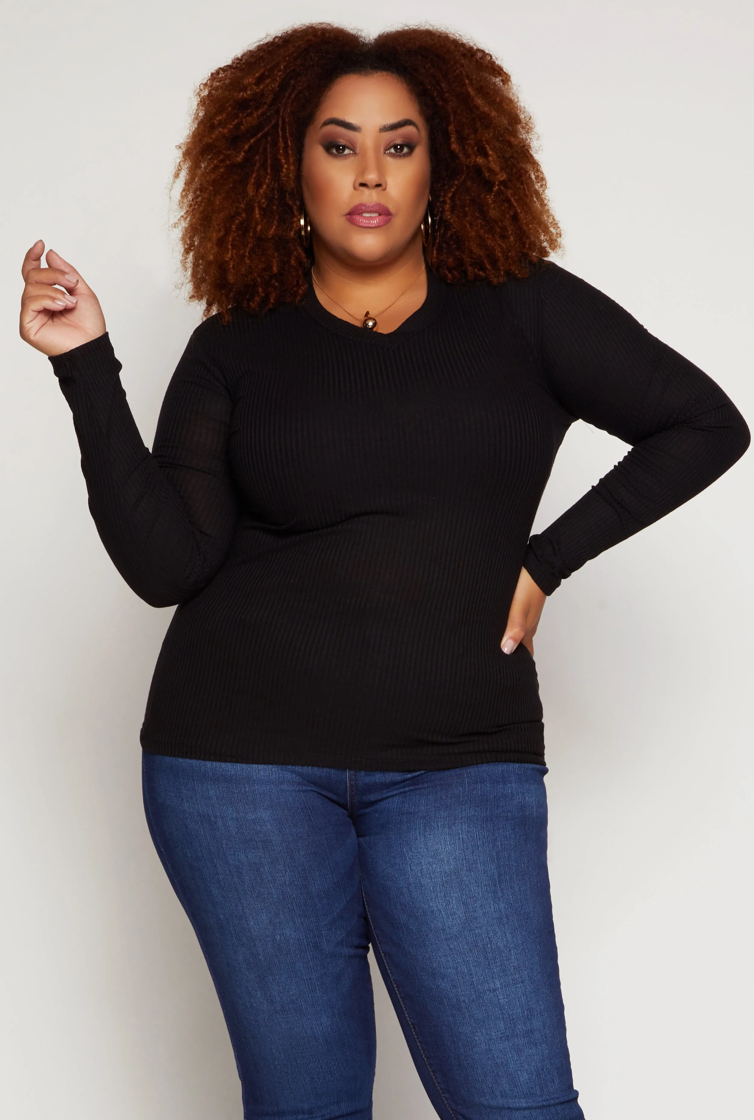 Plus Size Rib Knit V Neck Long Sleeve Top sold by Rainbow
