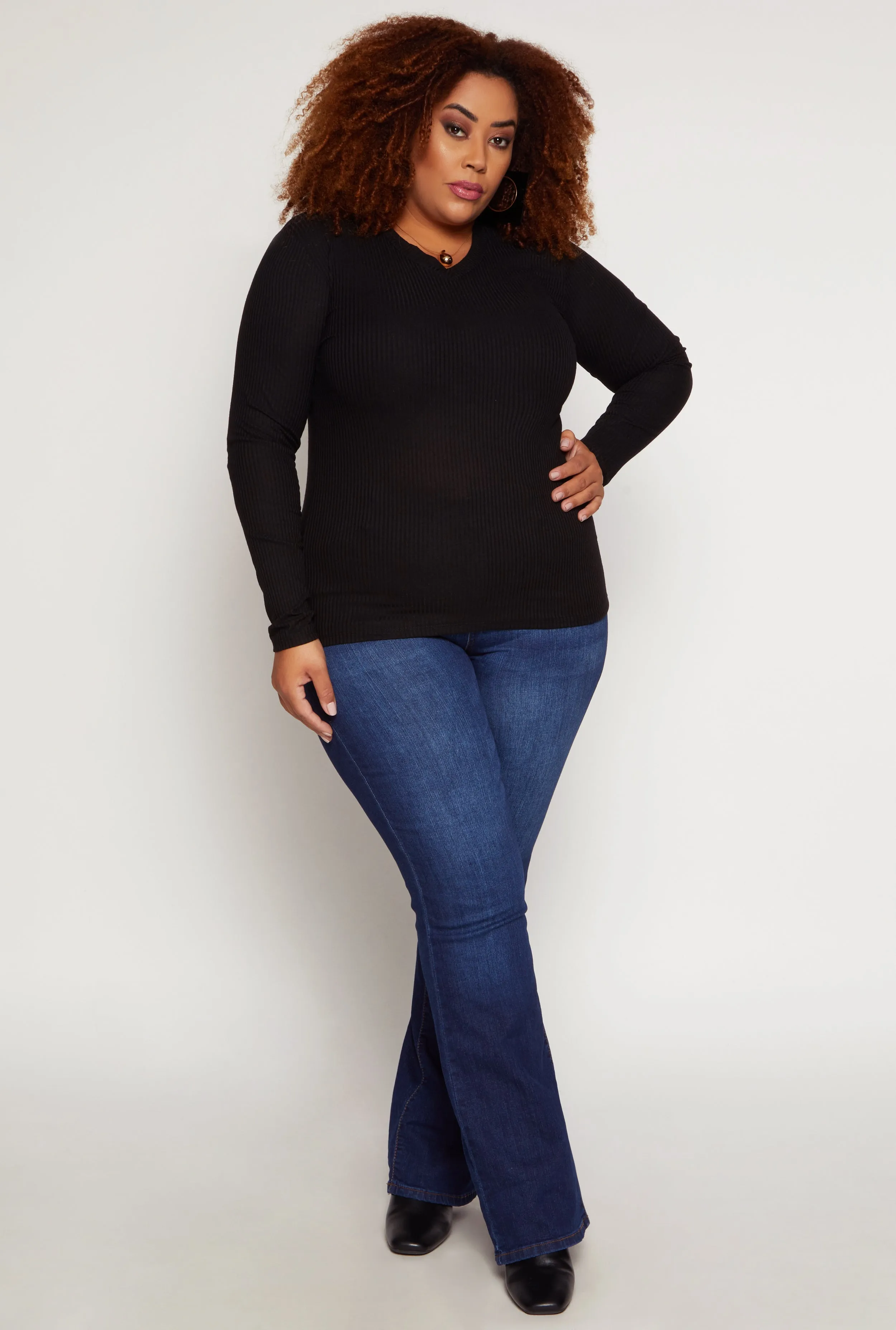 Plus Size Rib Knit V Neck Long Sleeve Top sold by Rainbow product image thumbnail 2